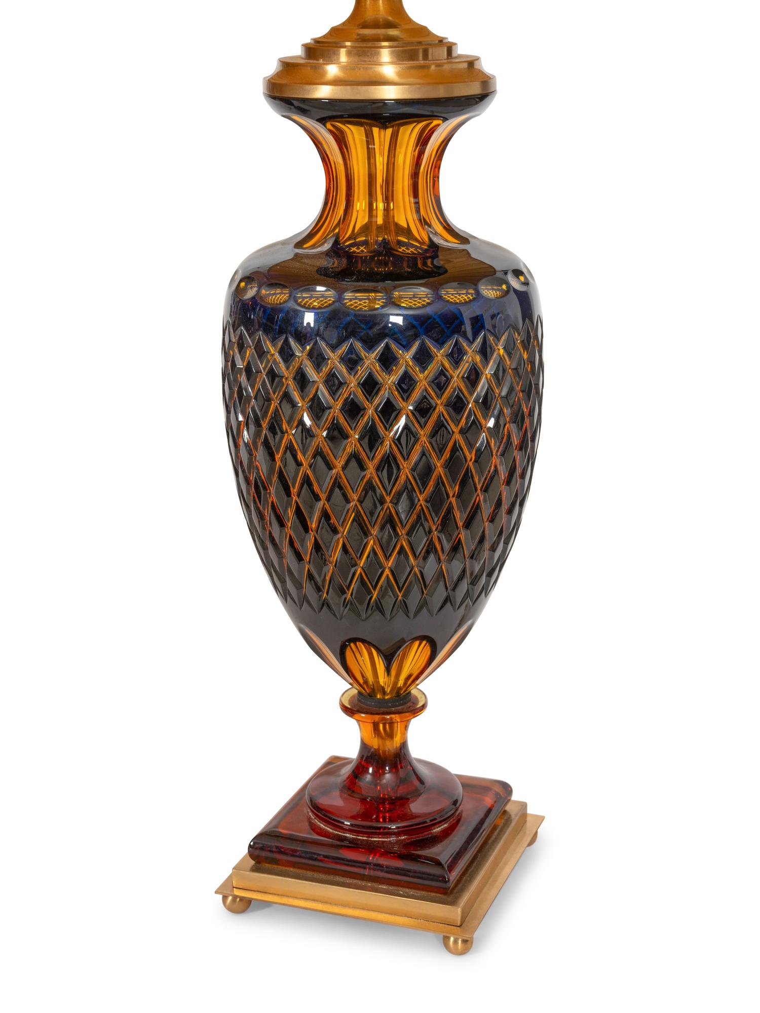 A Pair of Ugo Poggi Brass Mounted Amber and Cobalt Cut Glass Amphora-Form Lamps