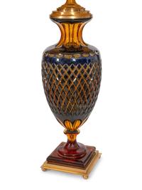 A Pair of Ugo Poggi Brass Mounted Amber and Cobalt Cut Glass Amphora-Form Lamps