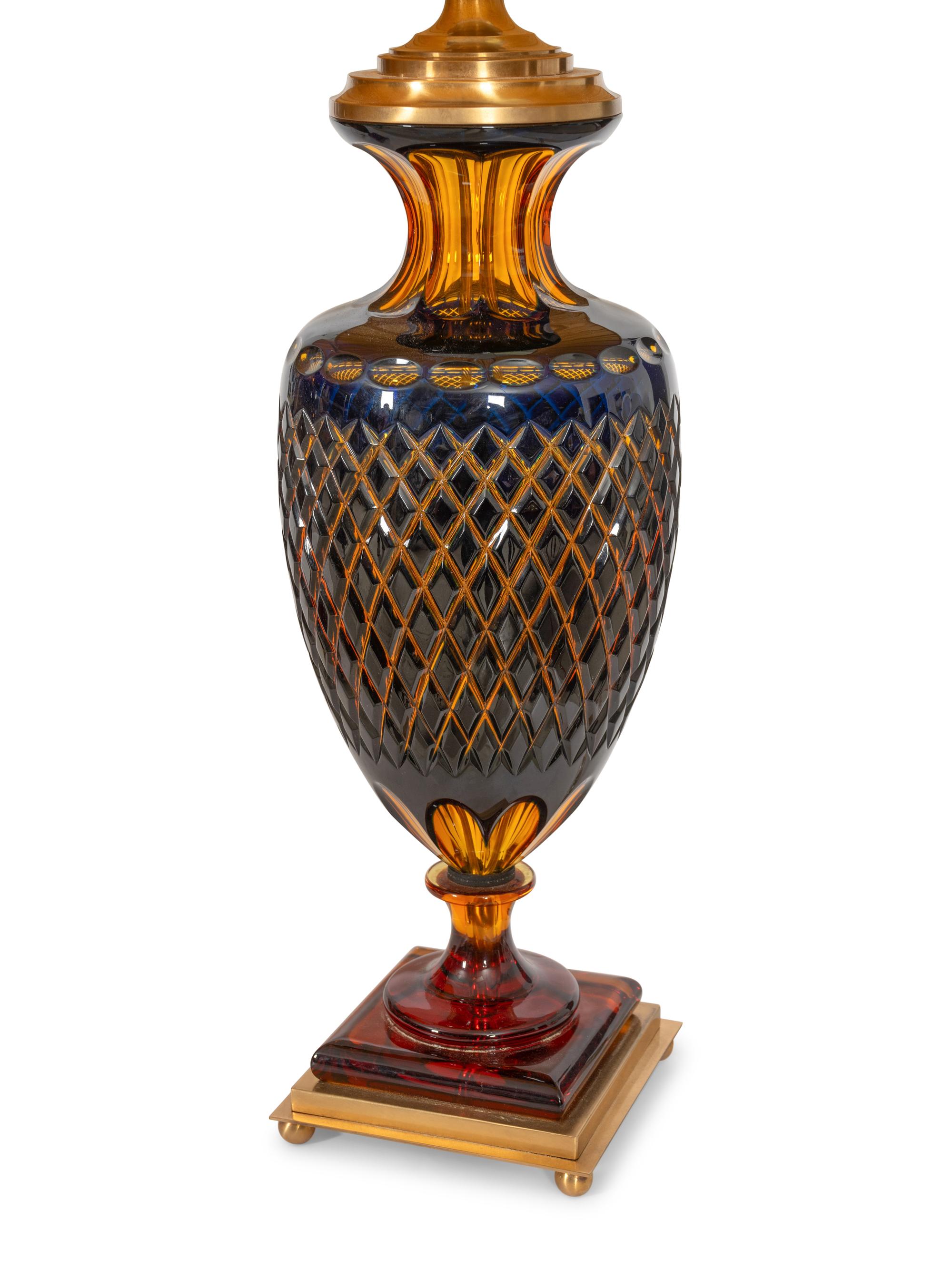 A Pair of Ugo Poggi Brass Mounted Amber and Cobalt Cut Glass Amphora-Form Lamps