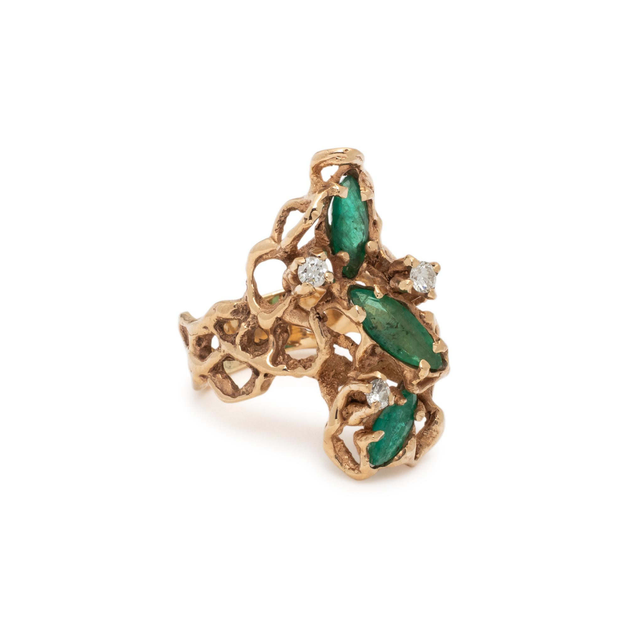 EMERALD, DIAMOND, AND YELLOW GOLD RING