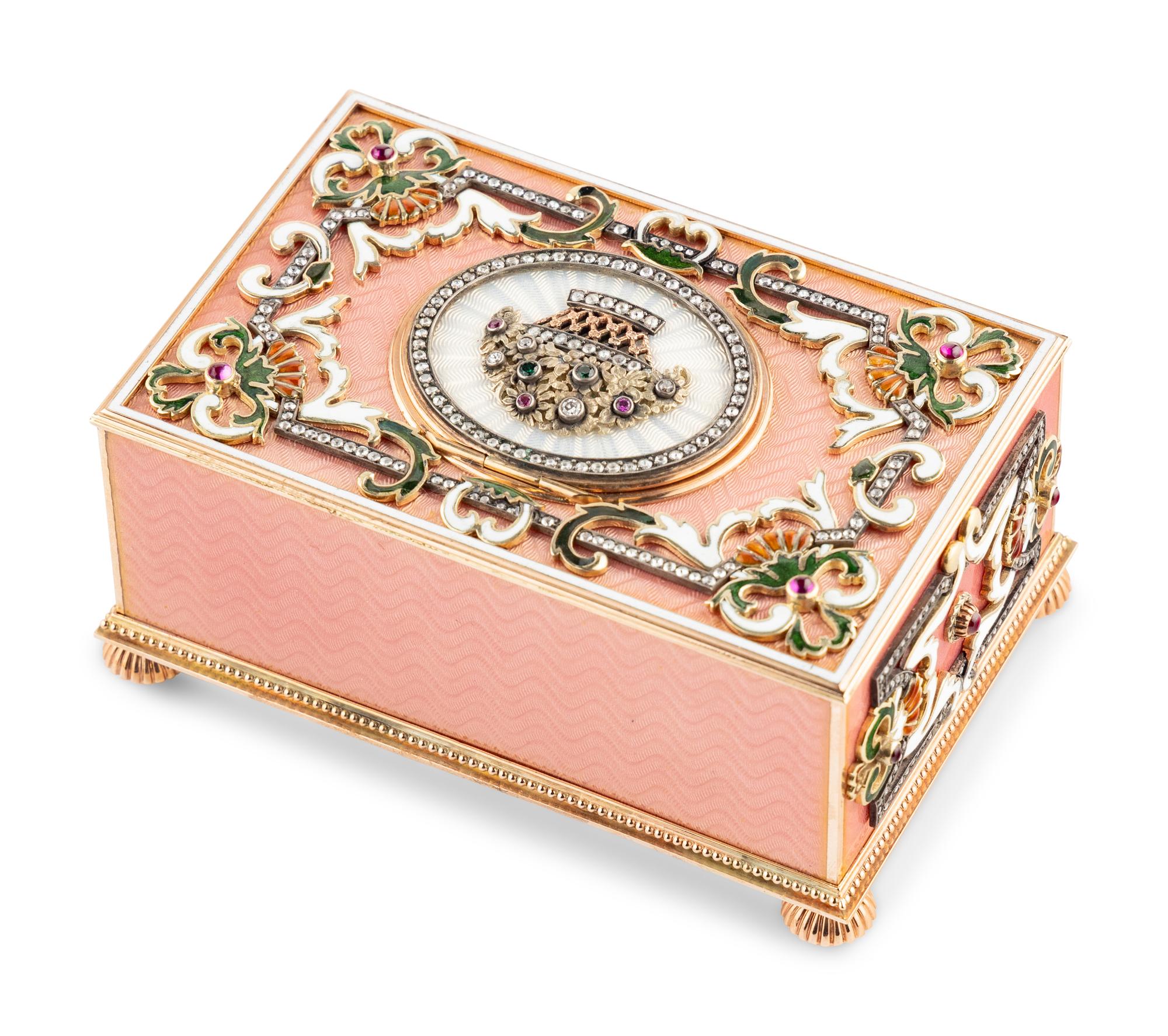 A Continental Gold, Enamel and Jewel-Inset Singing Bird Automaton Box