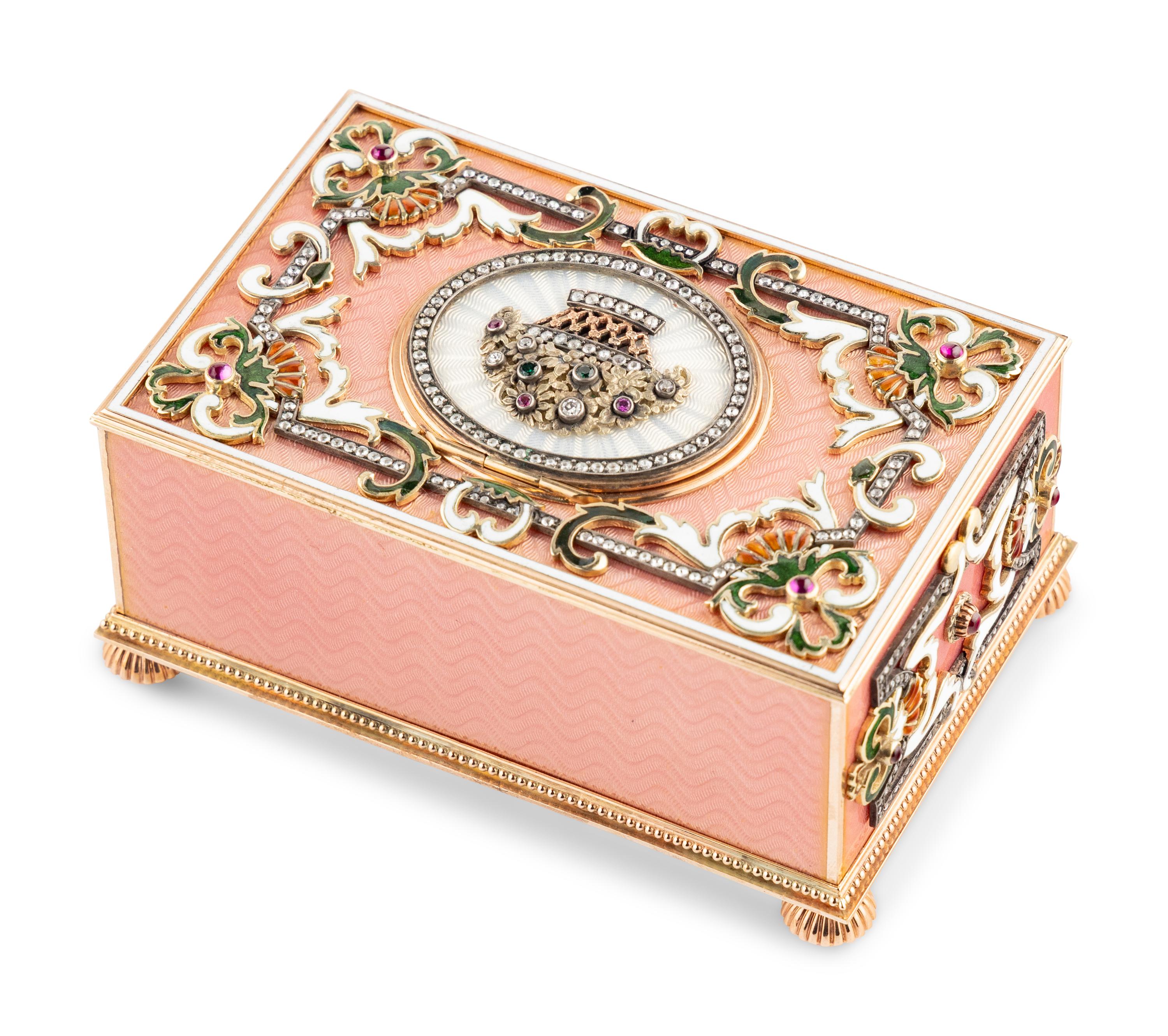 A Continental Gold, Enamel and Jewel-Inset Singing Bird Automaton Box