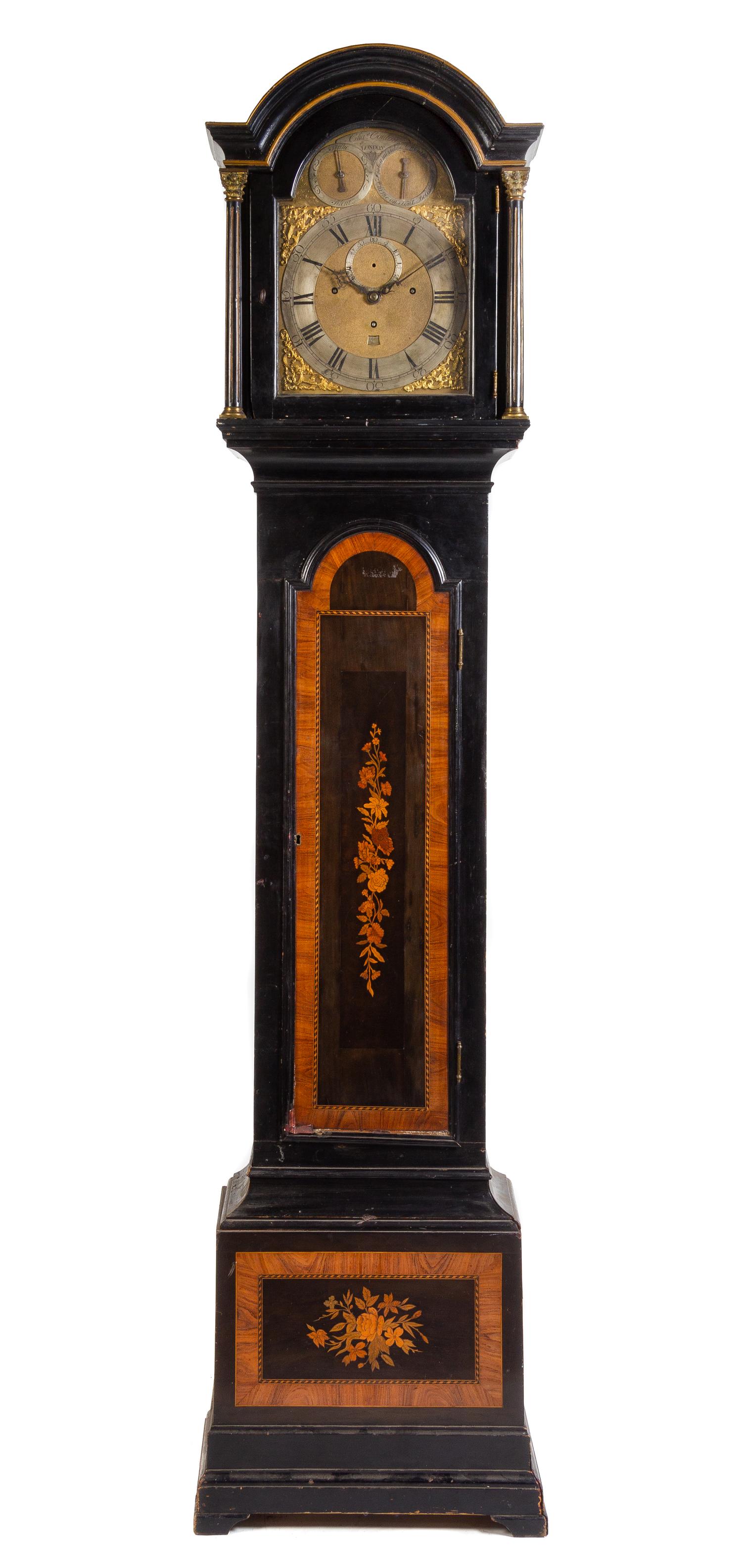 A Charles II Style Ebonized and Marquetry Decorated Tall Case Clock — ASSOCIATED MOVEMENT BY CHARLES COULON (ACTIVE 1765-80), LONDON