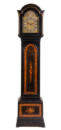 A Charles II Style Ebonized and Marquetry Decorated Tall Case Clock — ASSOCIATED MOVEMENT BY CHARLES COULON (ACTIVE 1765-80), LONDON