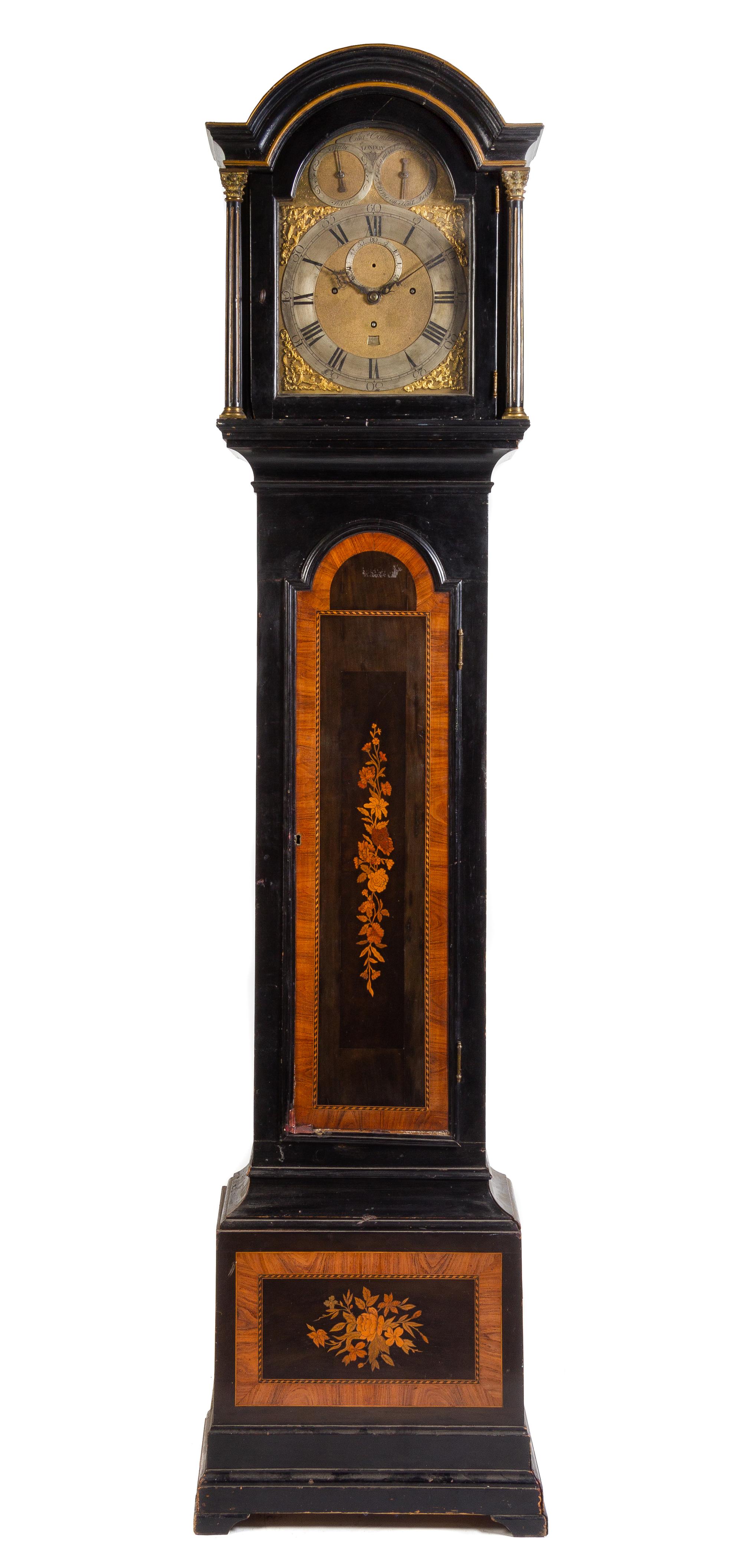 A Charles II Style Ebonized and Marquetry Decorated Tall Case Clock — ASSOCIATED MOVEMENT BY CHARLES COULON (ACTIVE 1765-80), LONDON