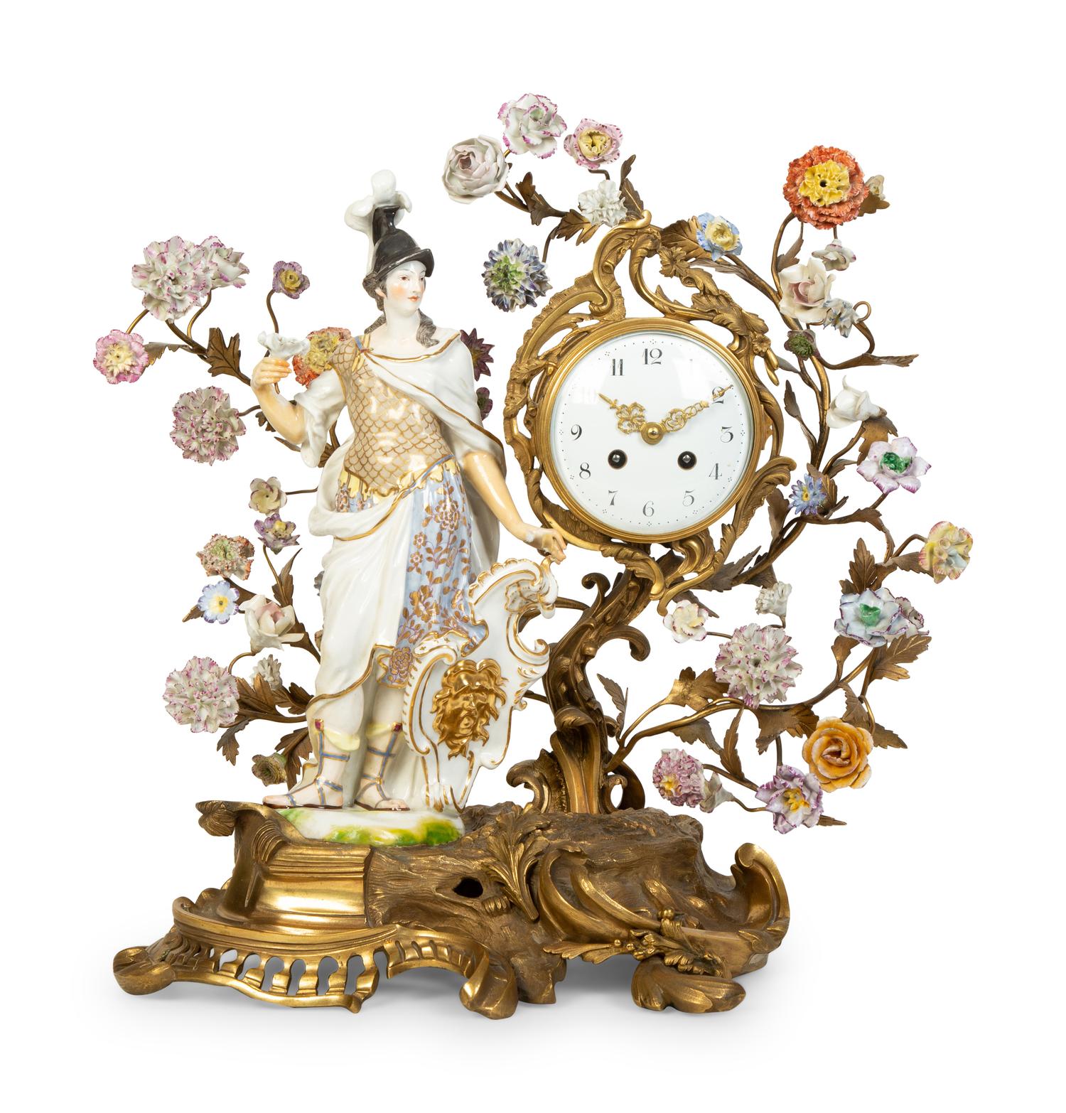 A Continental Gilt Bronze and Porcelain Figural Mantel Clock