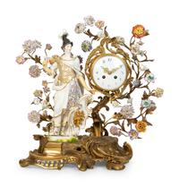 A Continental Gilt Bronze and Porcelain Figural Mantel Clock