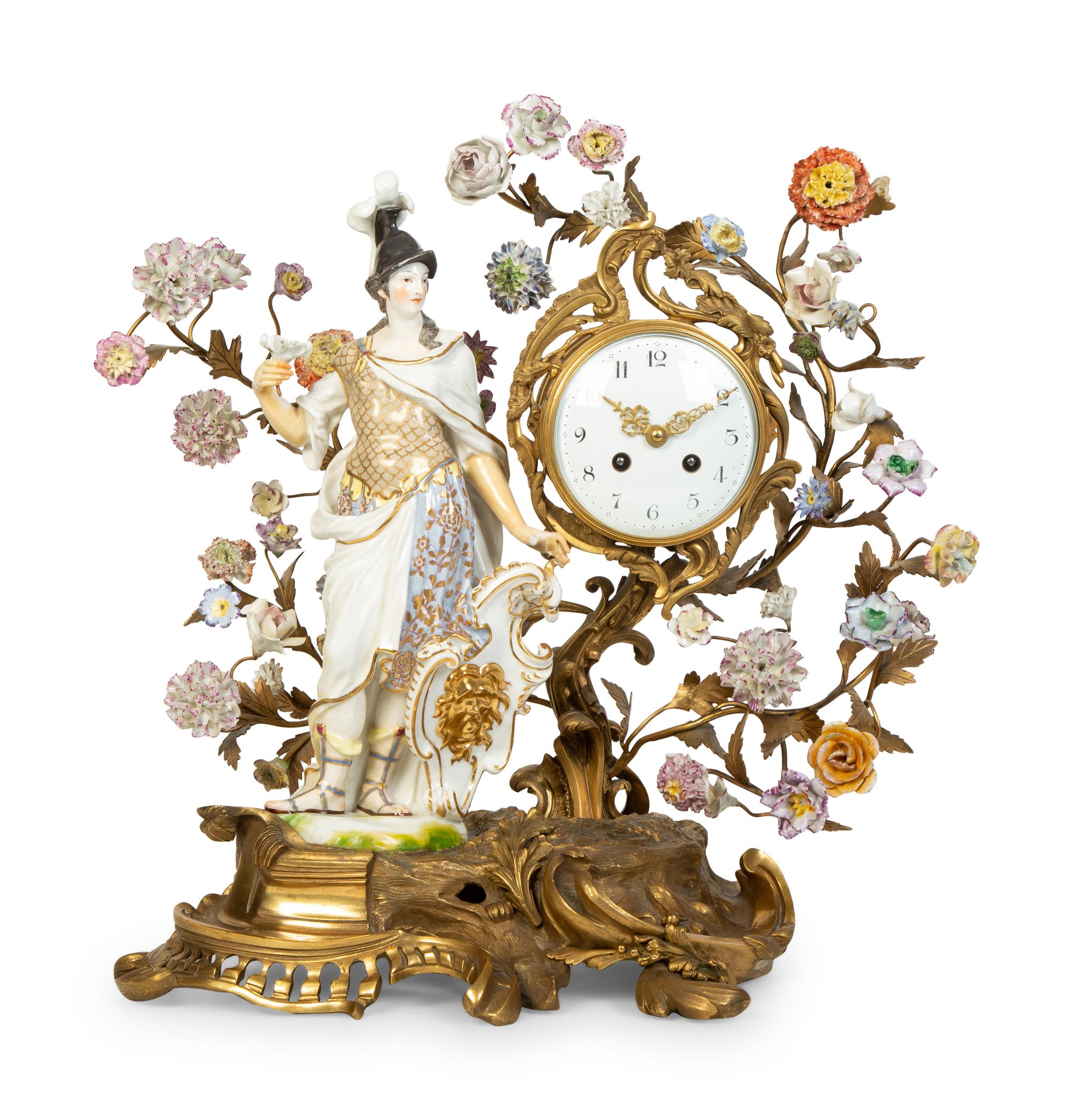 A Continental Gilt Bronze and Porcelain Figural Mantel Clock