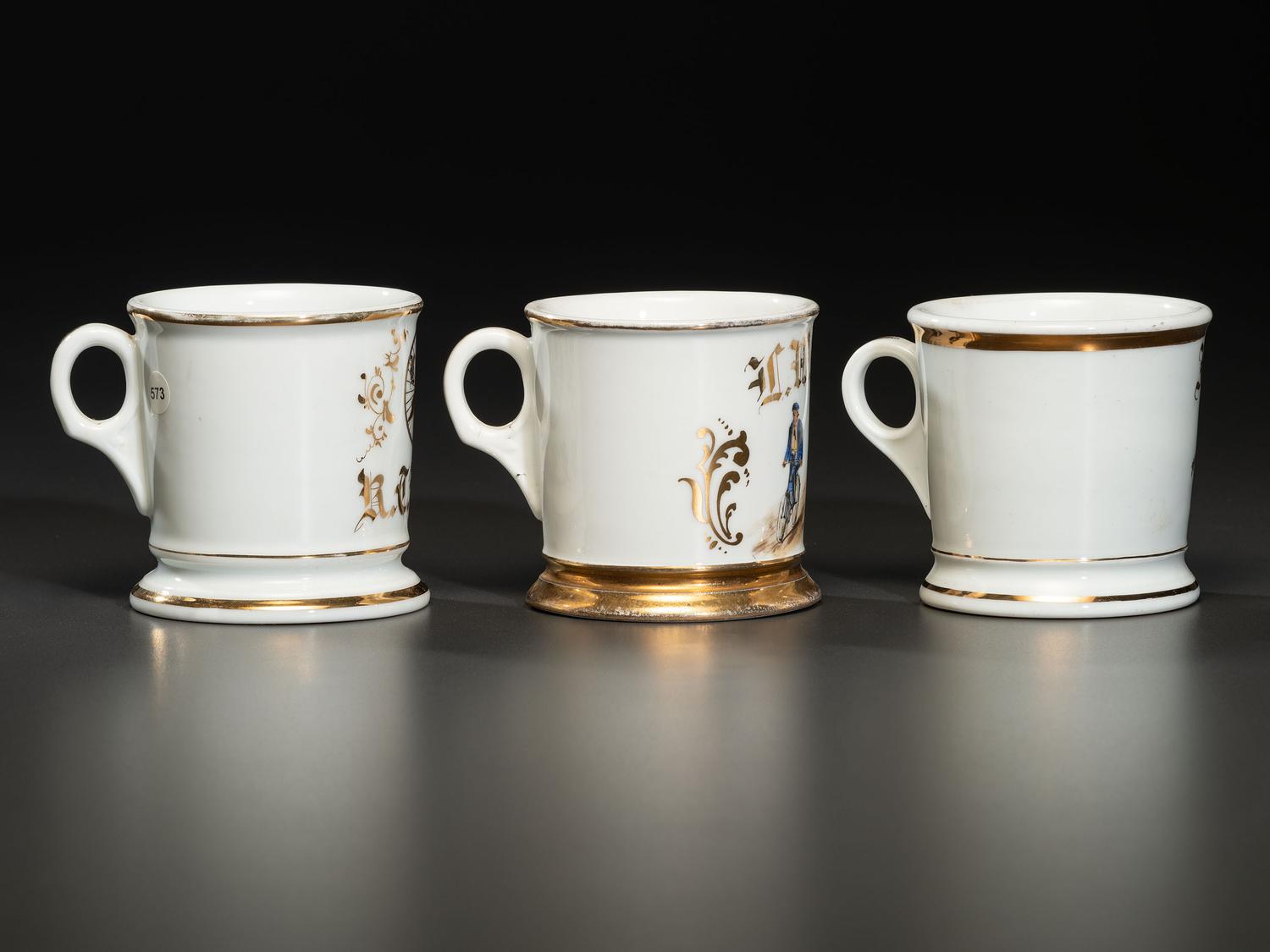 Three Cyclist's Fraternal Porcelain Shaving Mugs