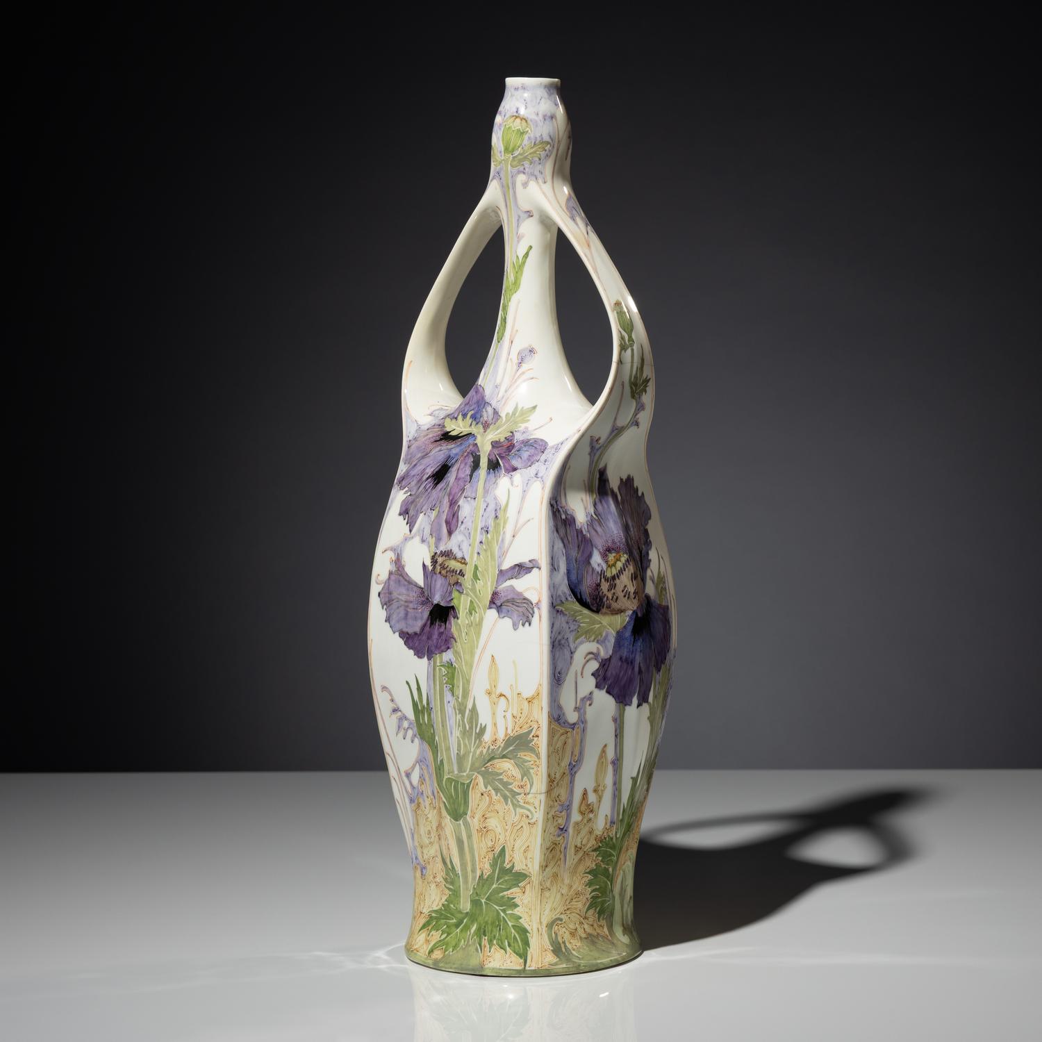Monumental eggshell porcelain two-handled vase with polychrome peacock and poppy decor, model 97p