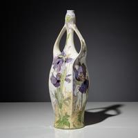 Monumental eggshell porcelain two-handled vase with polychrome peacock and poppy decor, model 97p