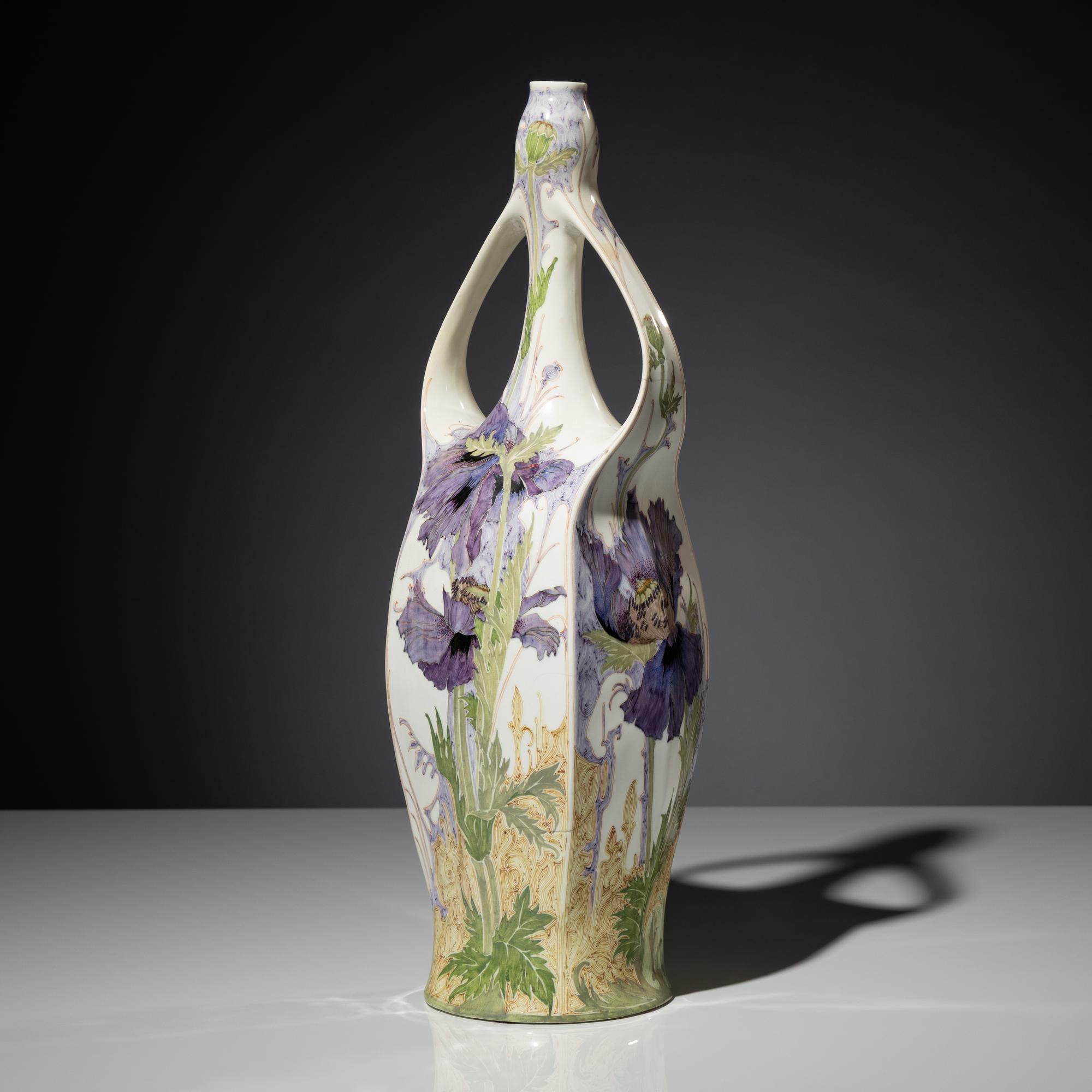 Monumental eggshell porcelain two-handled vase with polychrome peacock and poppy decor, model 97p