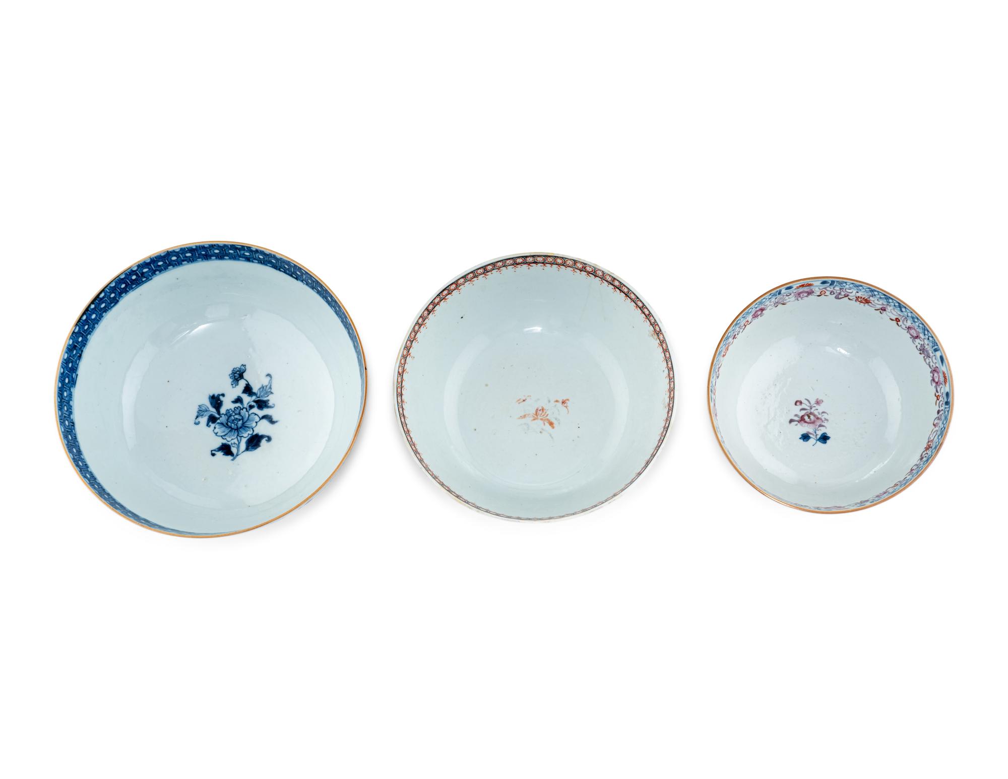 Three Chinese Export Famille Rose Porcelain Bowls