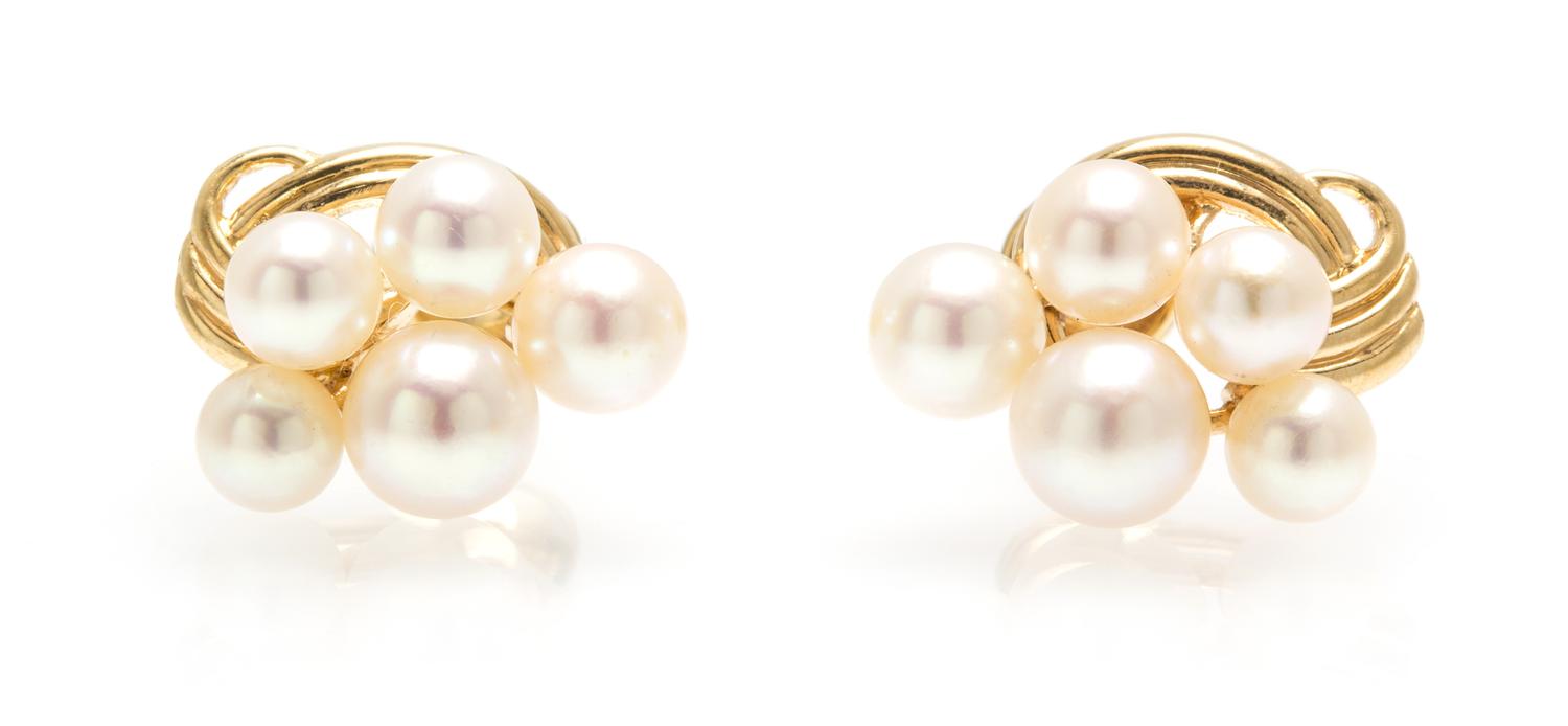 A Pair 14 Karat Yellow Gold and Cultured Pearl Earclips, Mikimoto, 4.40 dwts.