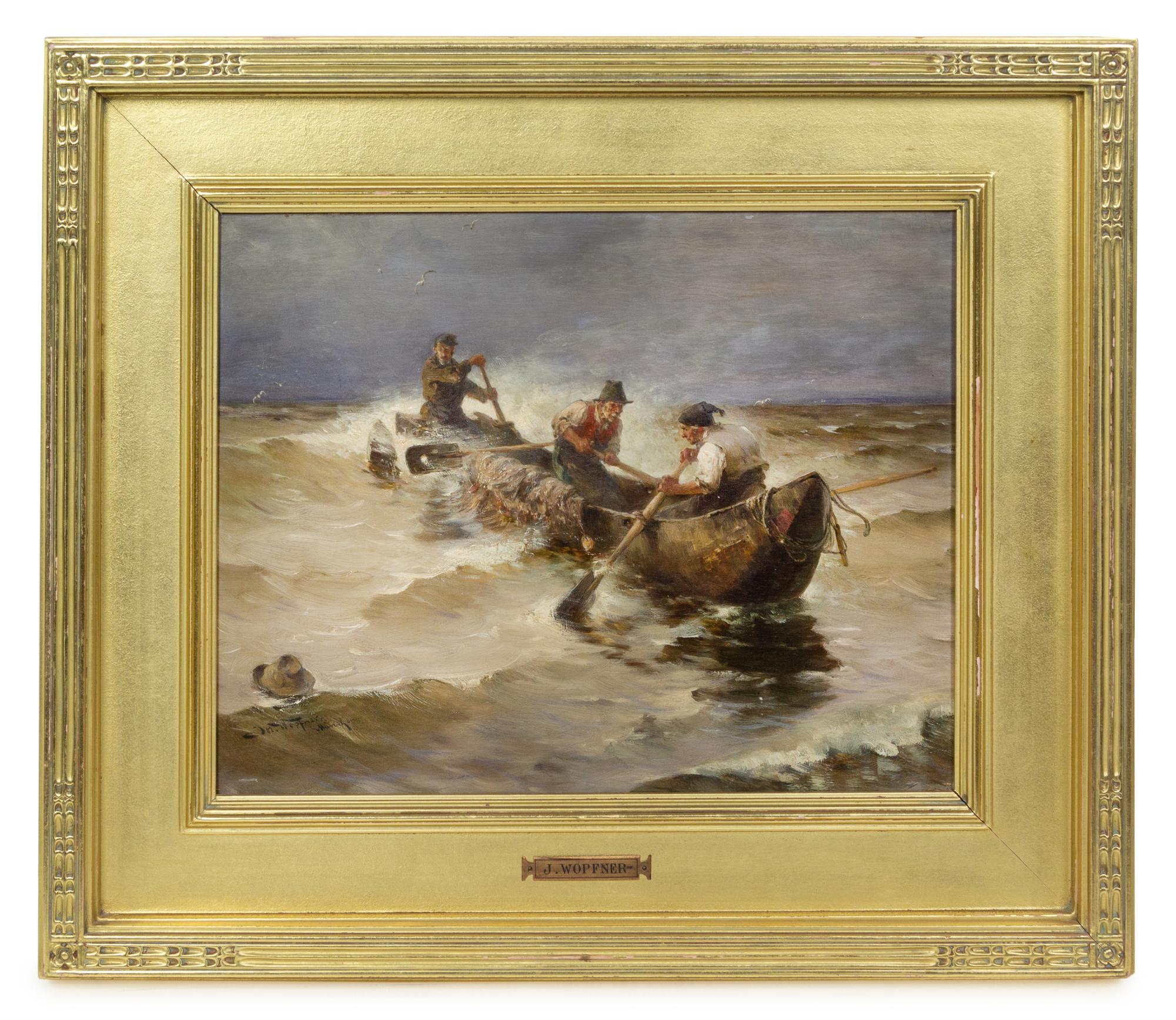 Joseph Wopfner, (Austrian, 1843-1927), Paddling Through Rough Seas