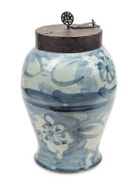 An Iron Mounted Blue and White Porcelain Locking Tea Caddy