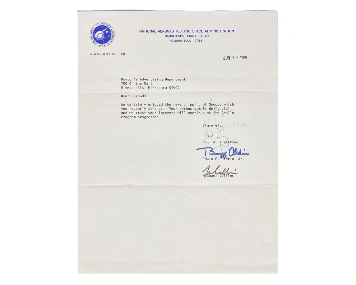 [Space] [Snoopy] Armstrong, Neil, and Buzz Aldrin, and Michael Collins. Typed Letter, signed