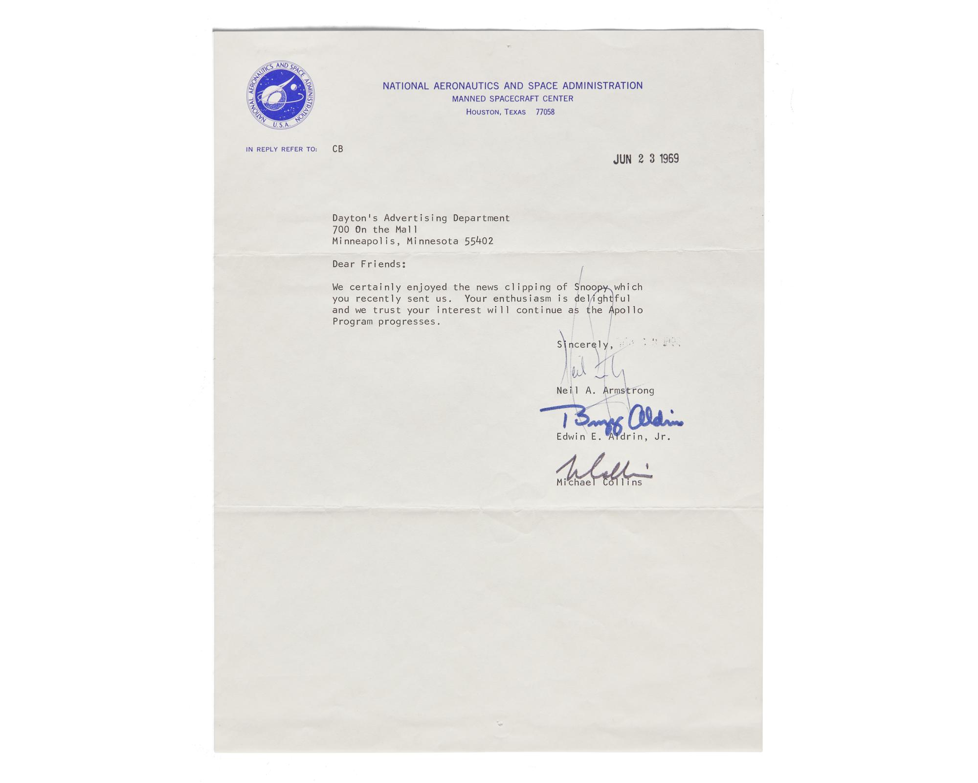 [Space] [Snoopy] Armstrong, Neil, and Buzz Aldrin, and Michael Collins. Typed Letter, signed