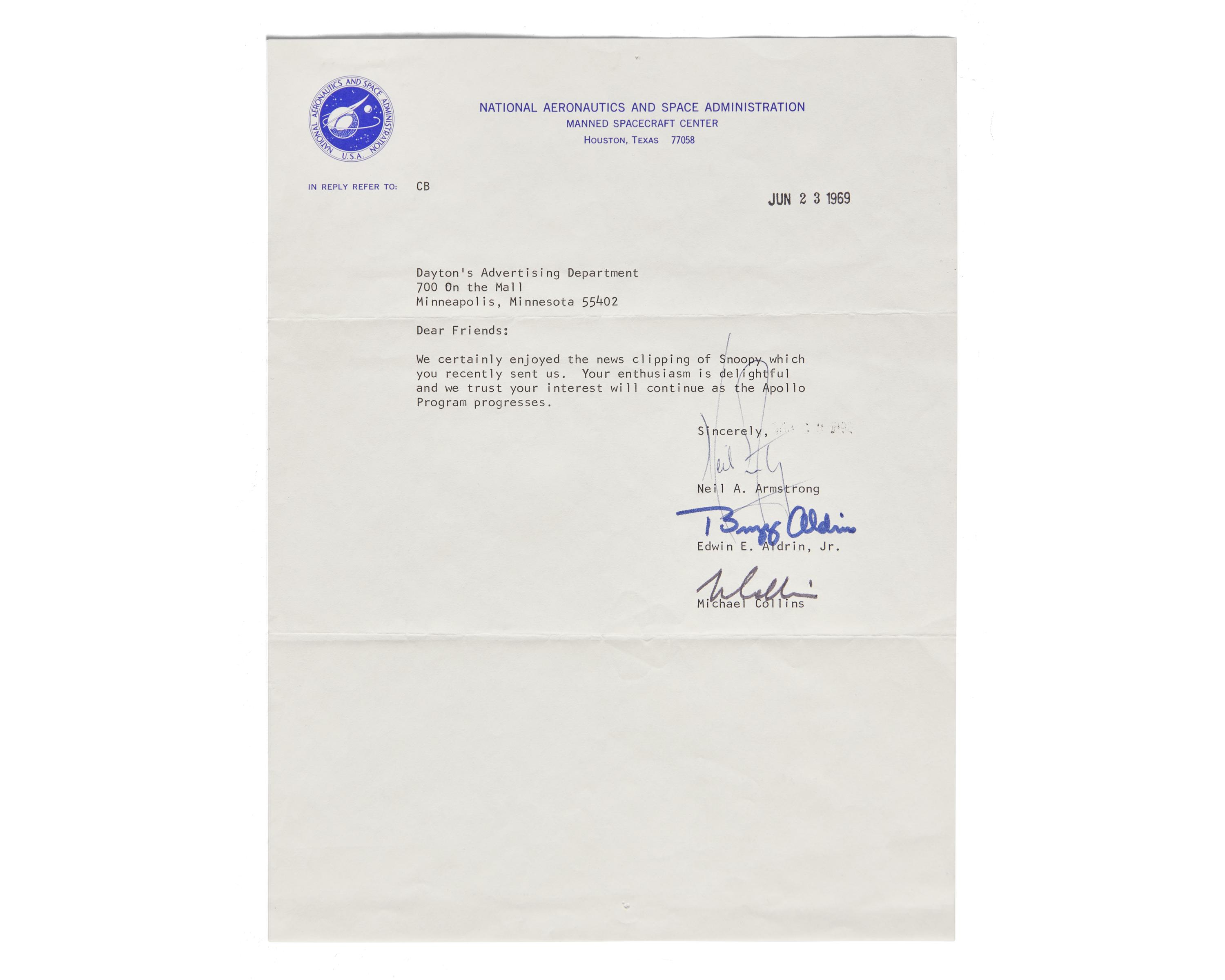 [Space] [Snoopy] Armstrong, Neil, and Buzz Aldrin, and Michael Collins. Typed Letter, signed