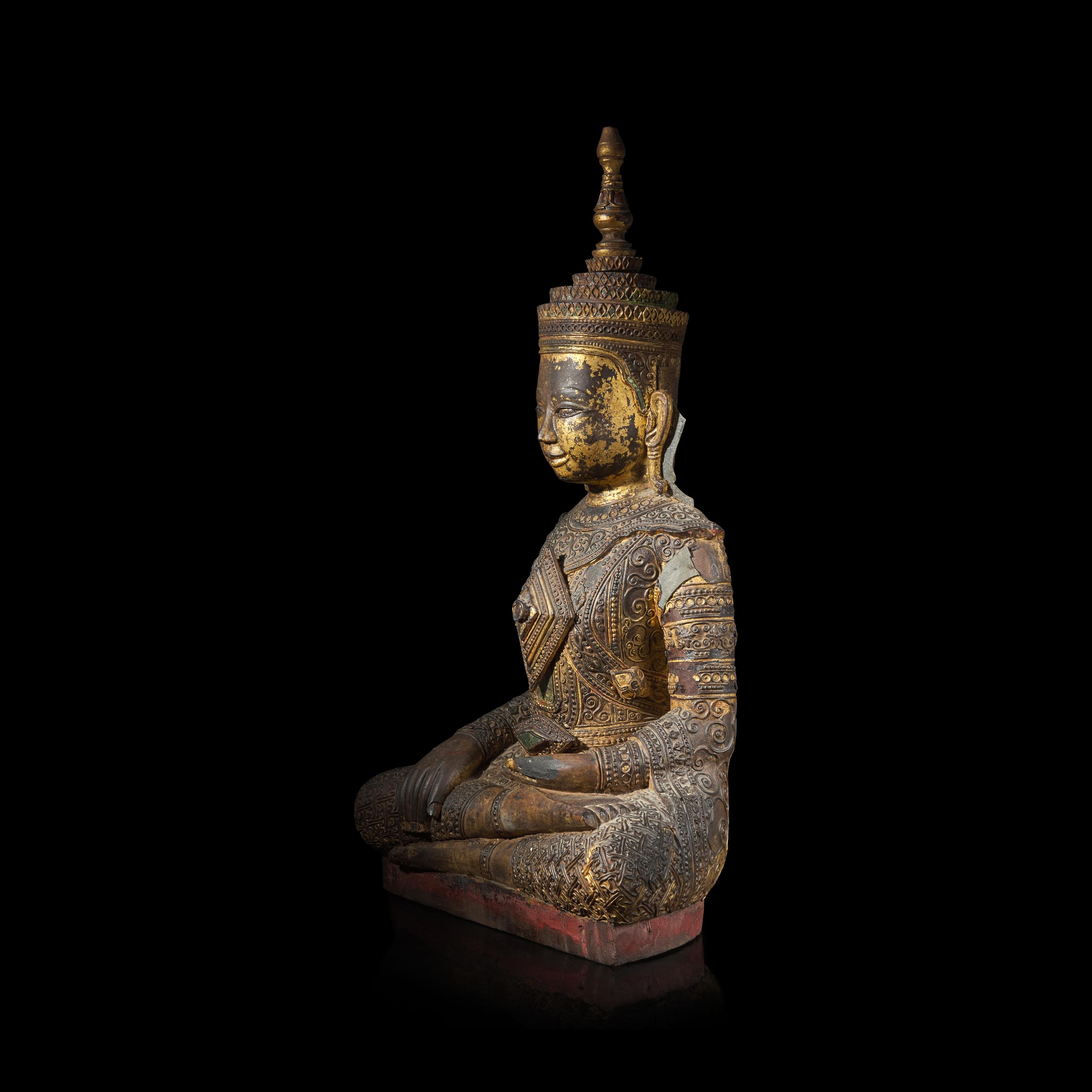 A Burmese Embellished and Gilt-Lacquered Wood Seated Buddha, 19th to Early 20th Century