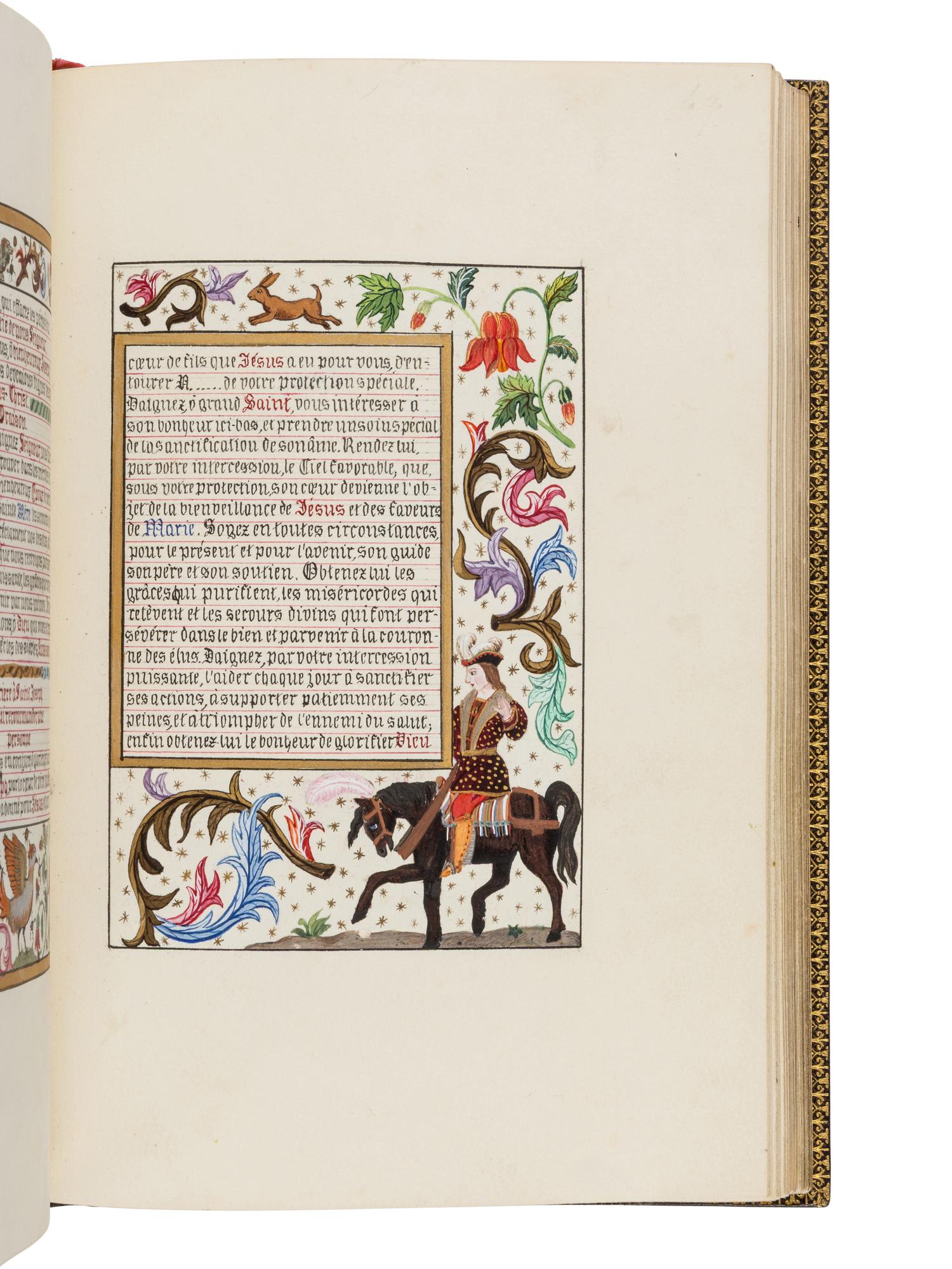 GOTHIC REVIVAL MANUSCRIPT Livre d’Heures [Marriage book offered on the occasion of the wedding of Paul Champion with Julie Rayel, 14 February 1882: “14 février Julie Rayel unie à Paul Champion 1882” ] in French, illuminated manuscript on paper, with illuminated and historiated bracket borders and seven full-page miniatures, France, Paris, c. 1882 (or little before).