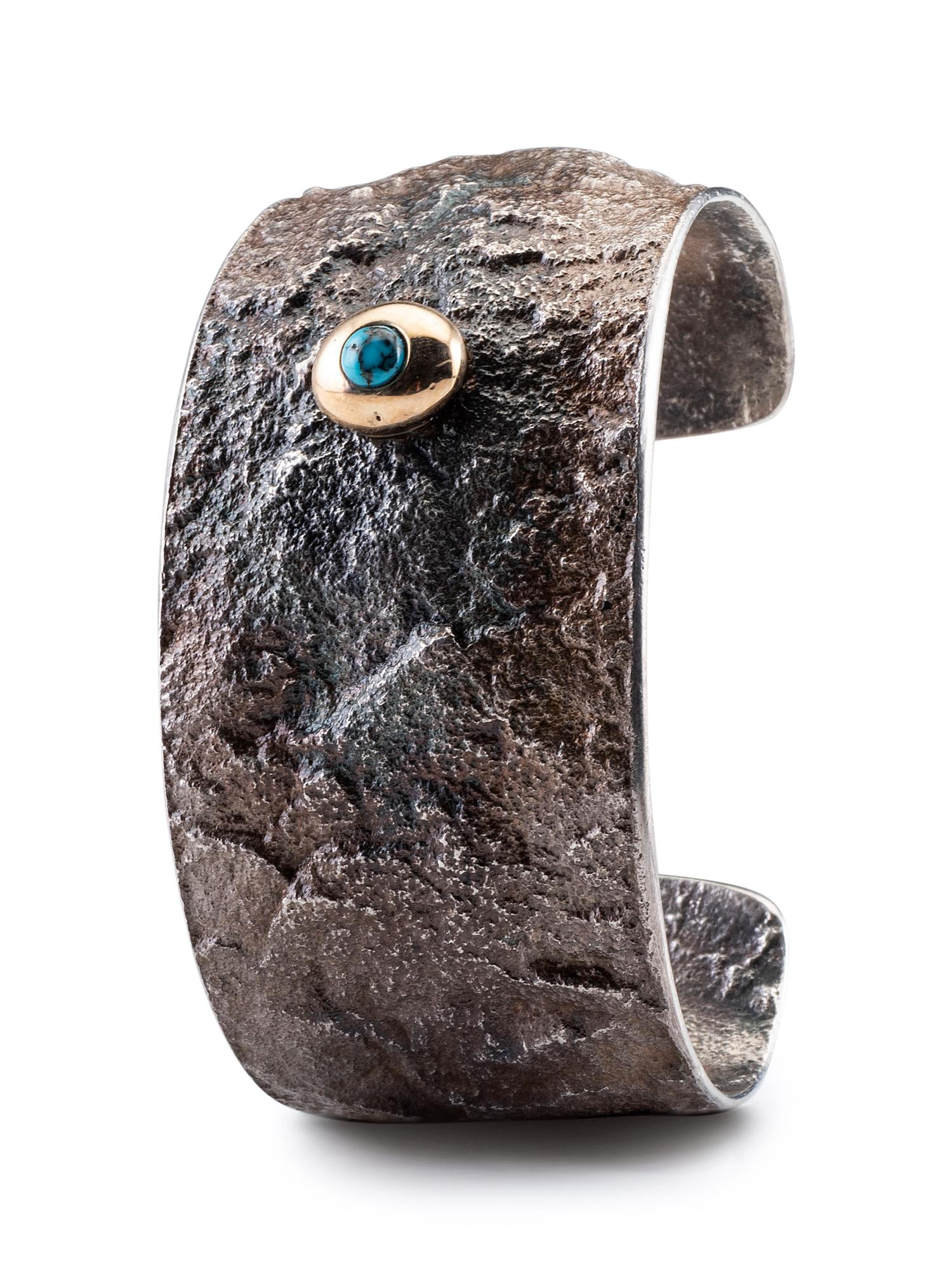 Sterling Silver Tufa Cast Cuff Bracelet, with Offset Turquoise Cabochon in a 14K Gold Bezel