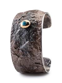 Sterling Silver Tufa Cast Cuff Bracelet, with Offset Turquoise Cabochon in a 14K Gold Bezel