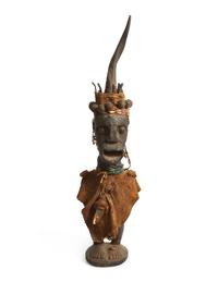 Two Luba Wood Figures with a Carved Animal Horn