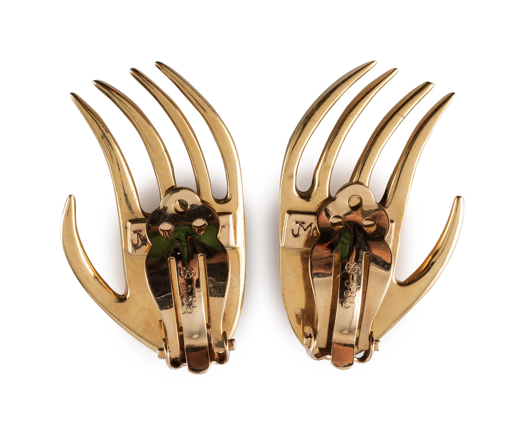 18K Gold and Mosaic Inlay Bear Paw Clip Earrings