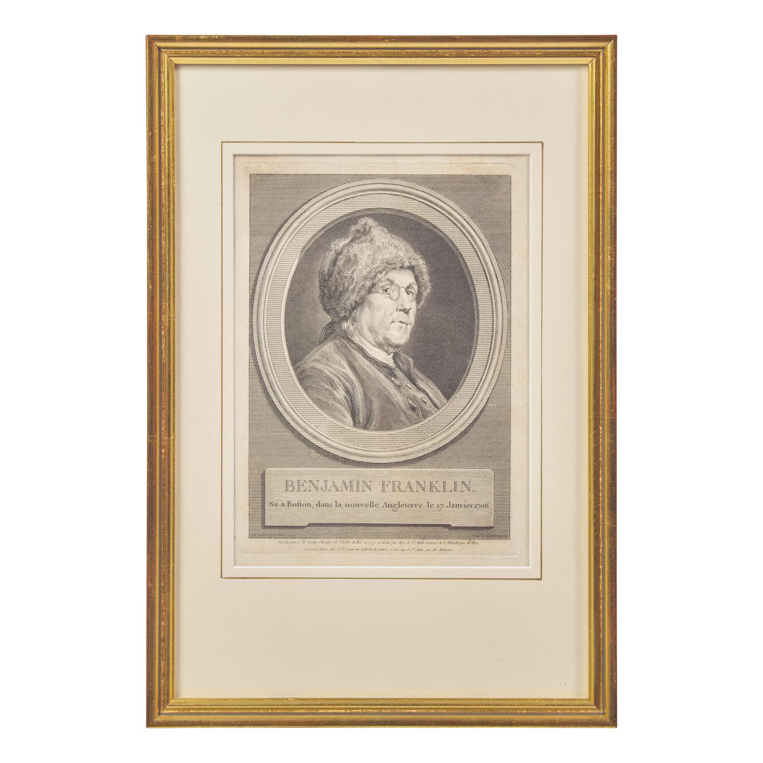 Augustin de Saint-Aubin (French, 1736-1807), After Charles Nicolas Cochin II (French, 1715-1790), A Copperplate Engraving of Benjamin Franklin in a Fur Cap, or "Ne a Boston dans la nouvelle Angleterre le 17 Janvier 1706"