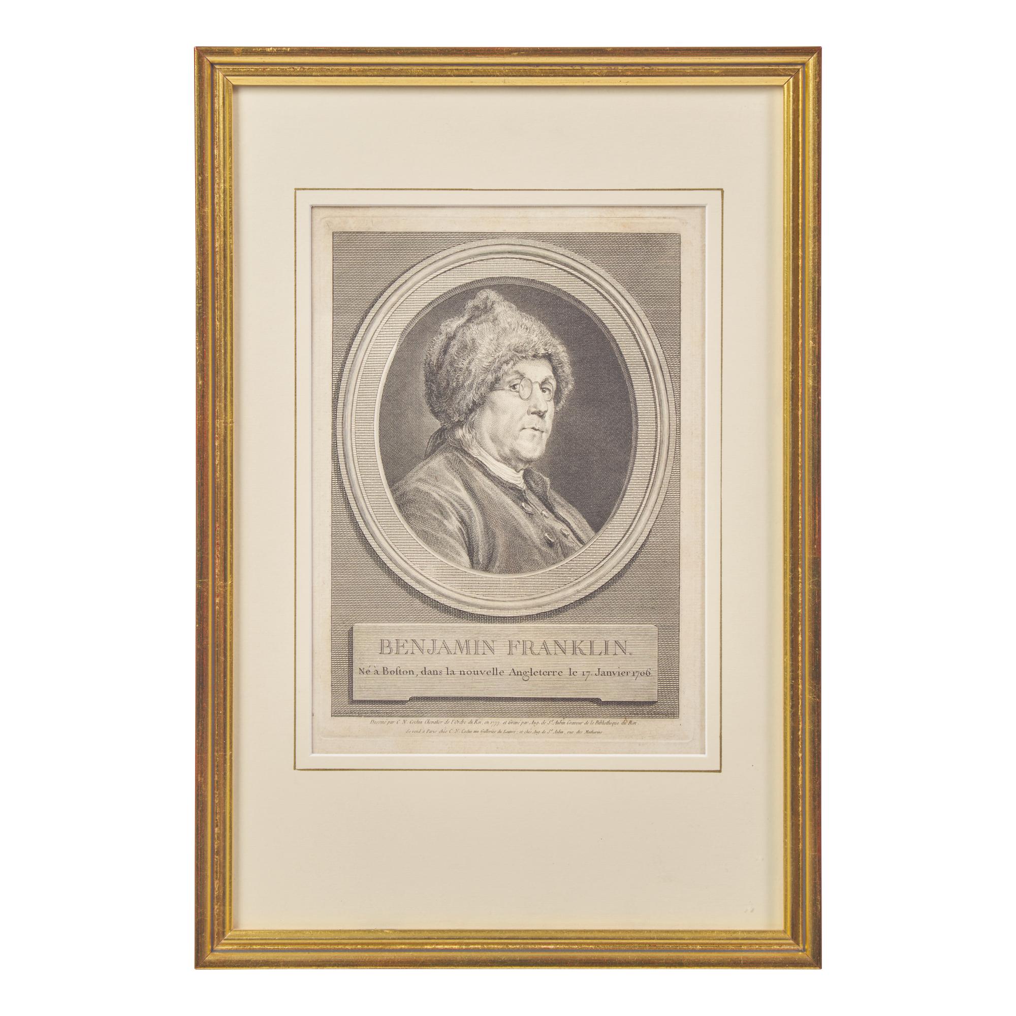 Augustin de Saint-Aubin (French, 1736-1807), After Charles Nicolas Cochin II (French, 1715-1790), A Copperplate Engraving of Benjamin Franklin in a Fur Cap, or "Ne a Boston dans la nouvelle Angleterre le 17 Janvier 1706"