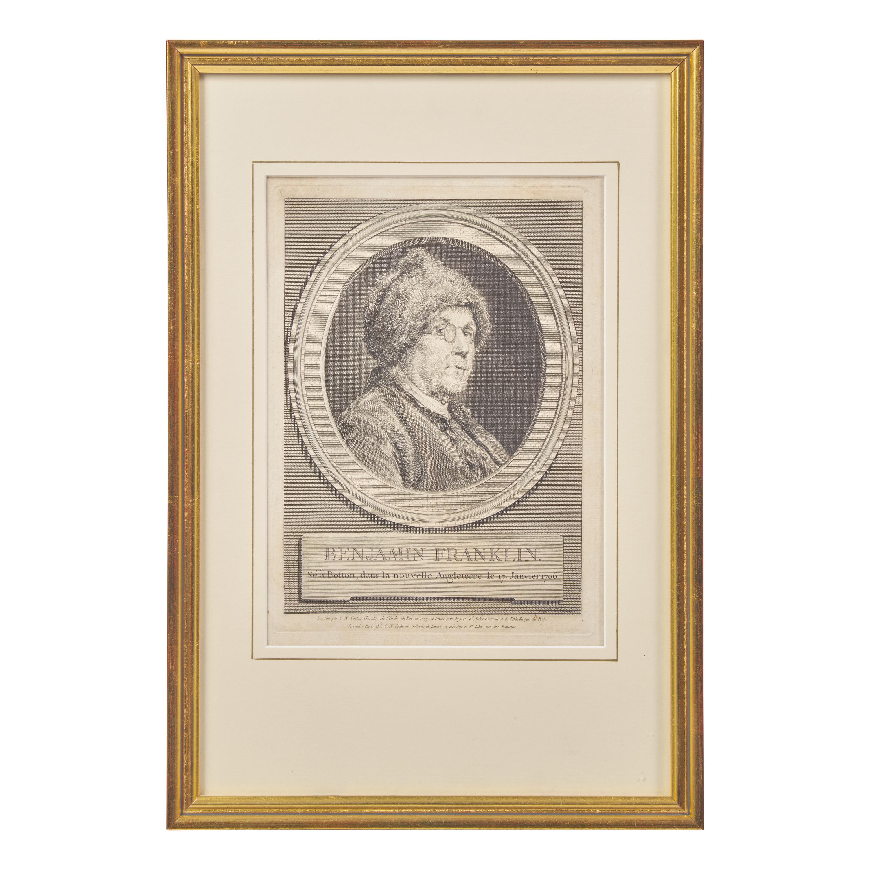 Augustin de Saint-Aubin (French, 1736-1807), After Charles Nicolas Cochin II (French, 1715-1790), A Copperplate Engraving of Benjamin Franklin in a Fur Cap, or "Ne a Boston dans la nouvelle Angleterre le 17 Janvier 1706"