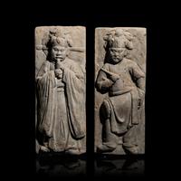 Two Chinese Rectangular Grey Pottery Relief Tomb Tiles, Song-Yuan Dynasty — 宋-元 灰陶伎樂磚雕一對