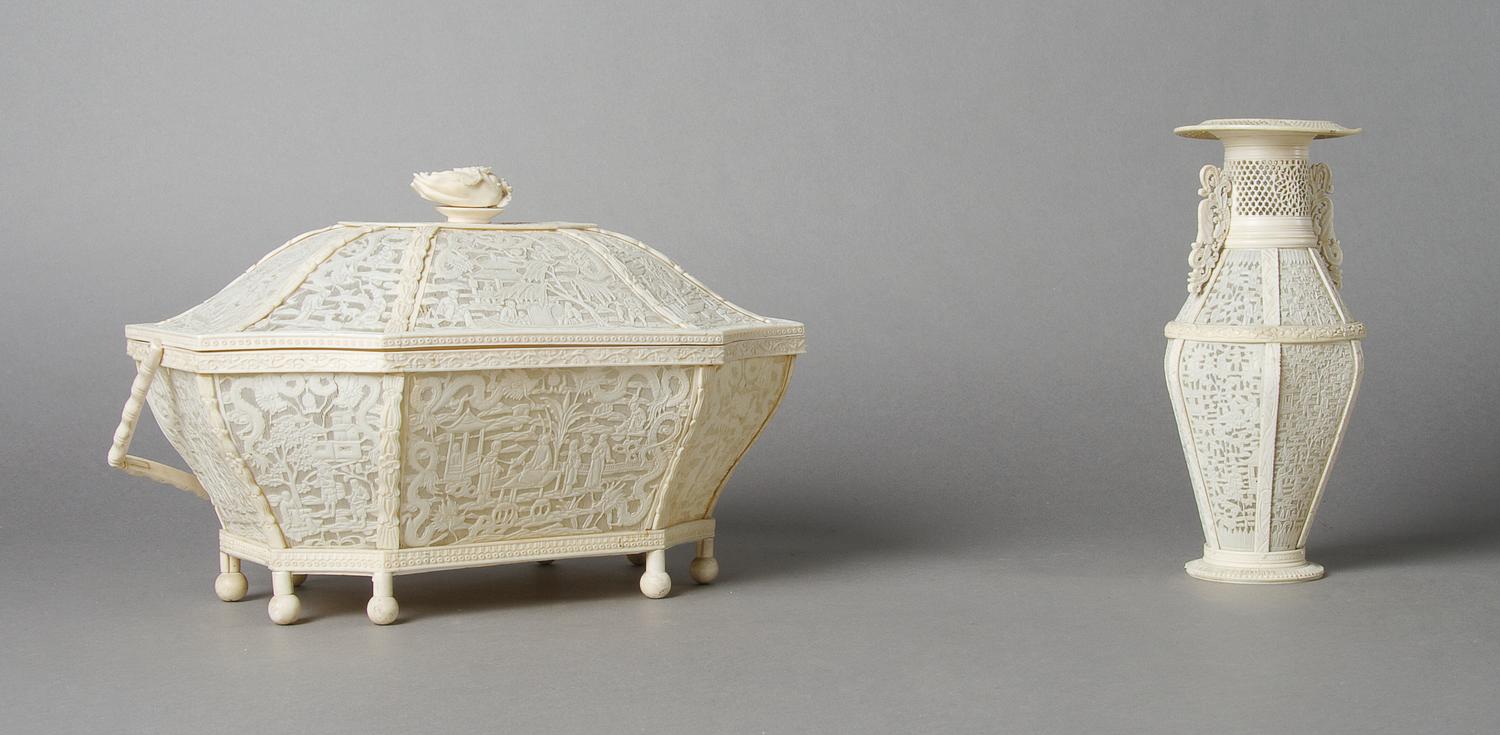 A Chinese Pierced Ivory Lidded Basket, Height 7 x width 11 x depth 7 inches.