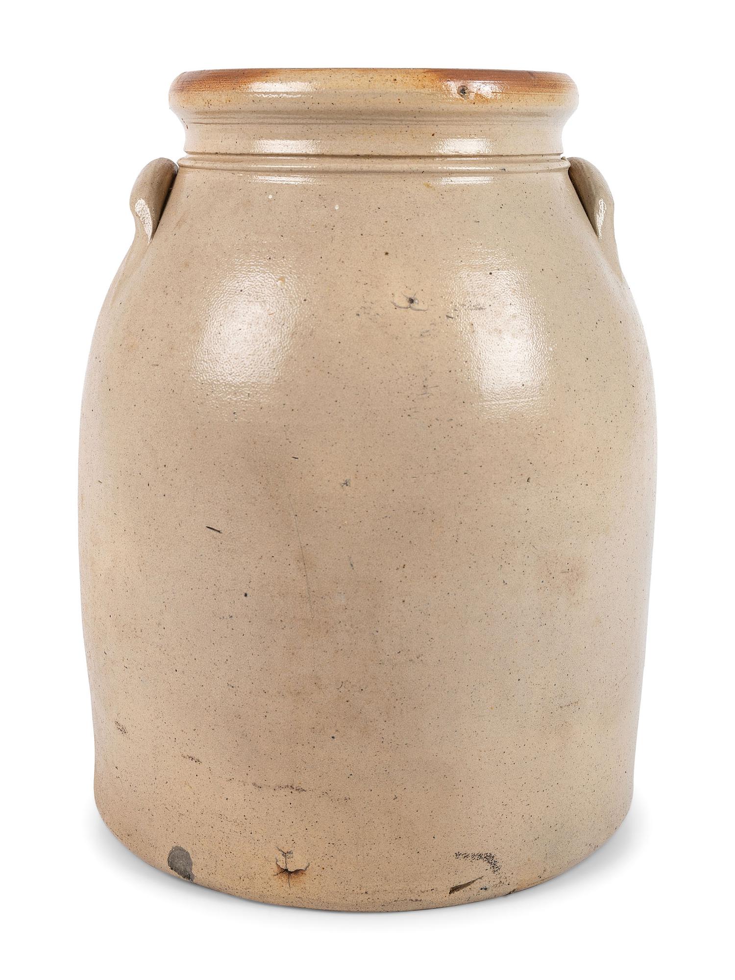 A Three-Gallon New York Stoneware Crock with Cobalt Freehand Bird