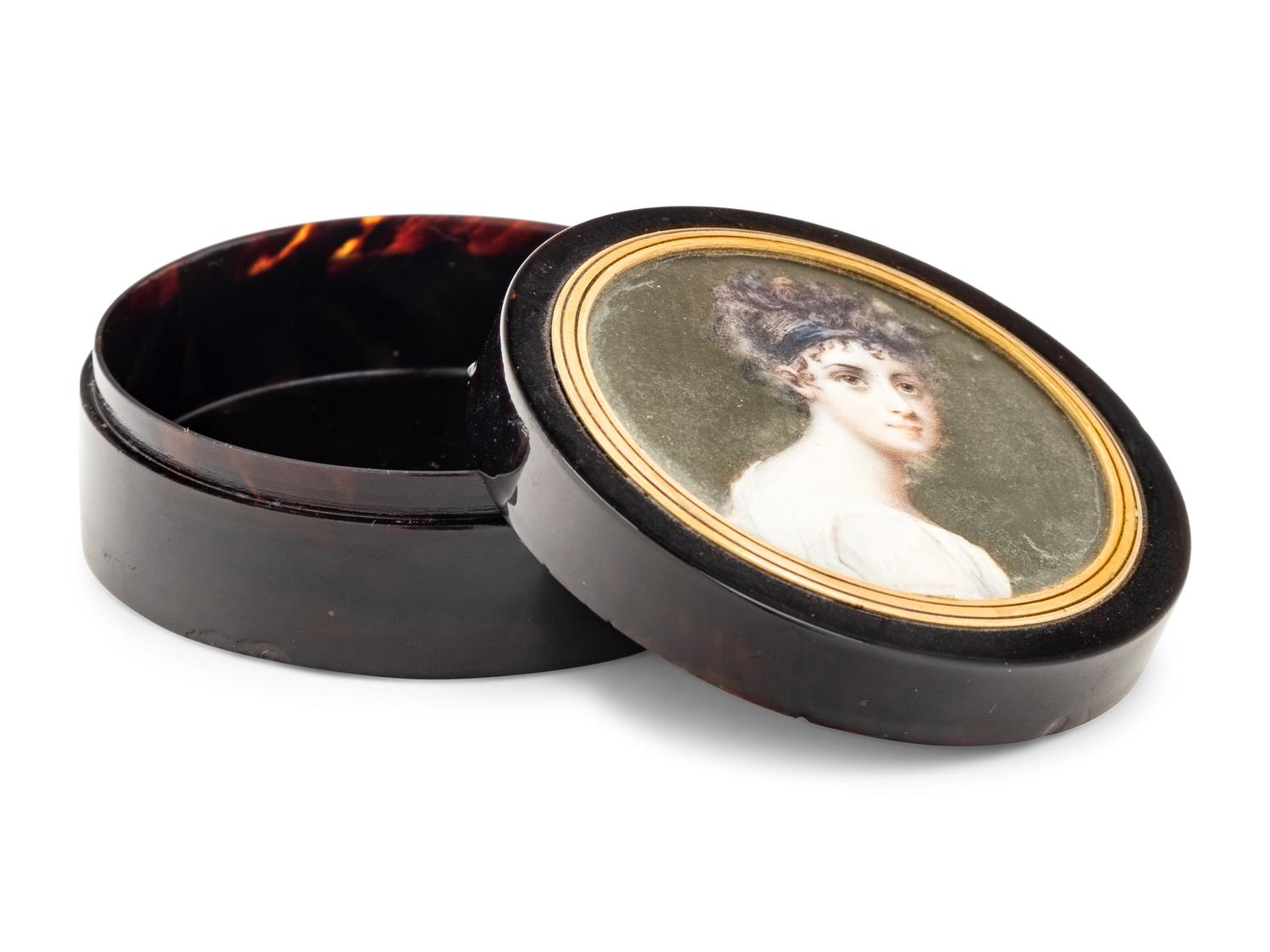 A Continental Gilt Metal Mounted and Portrait Miniature Inset Tortoiseshell Snuff Box