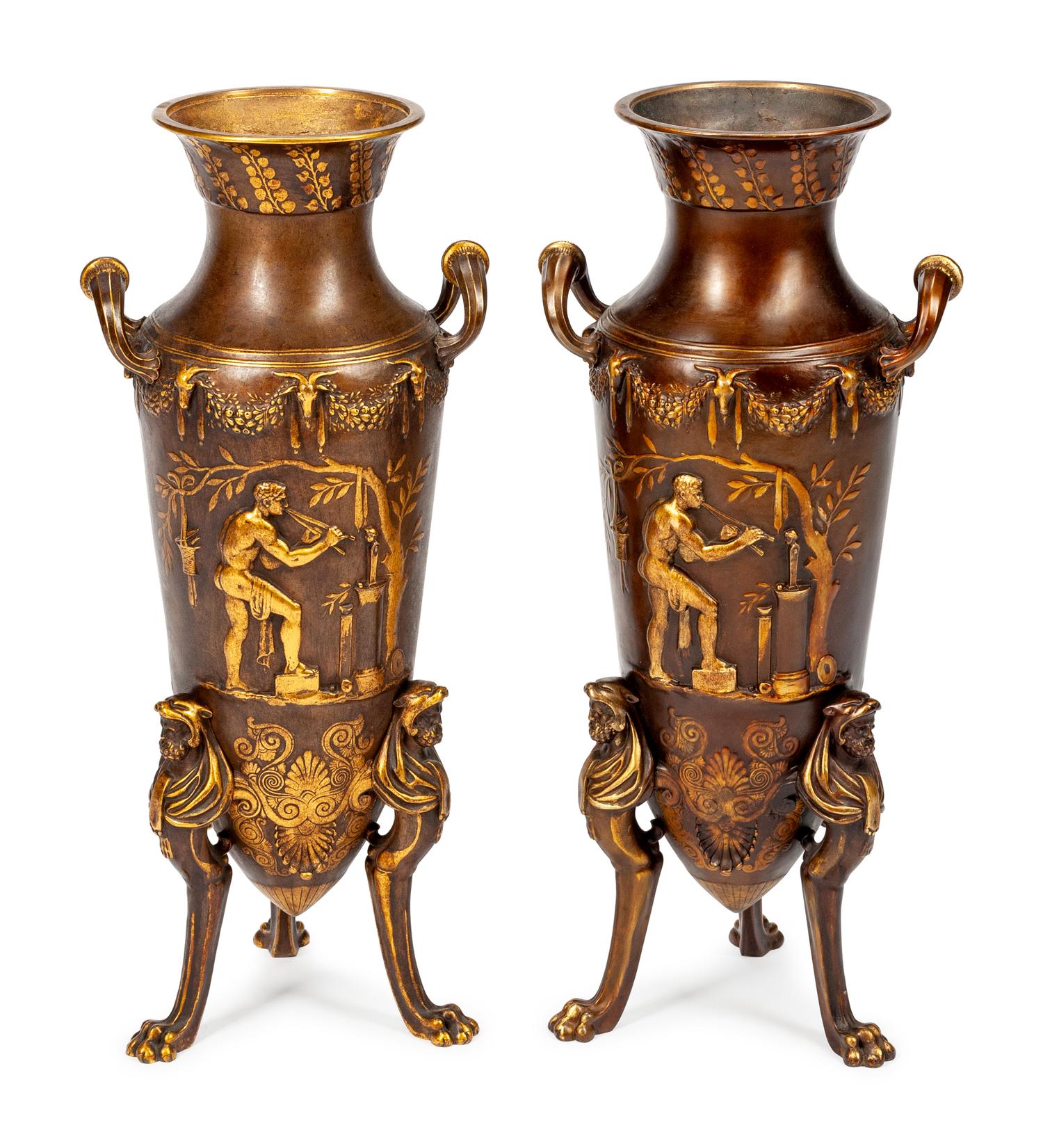 A Pair of French Parcel-Gilt and Patinated Bronze Amphora