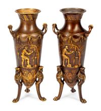 A Pair of French Parcel-Gilt and Patinated Bronze Amphora