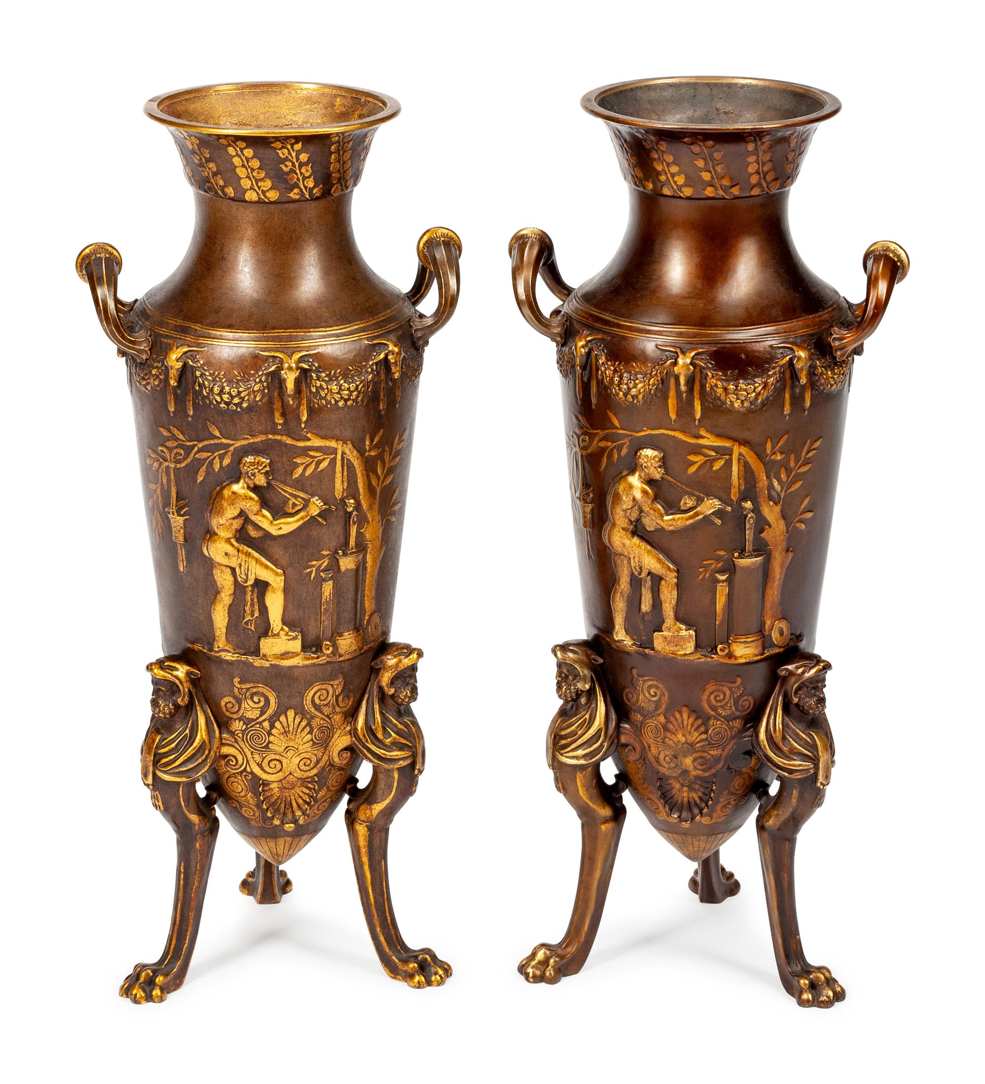 A Pair of French Parcel-Gilt and Patinated Bronze Amphora