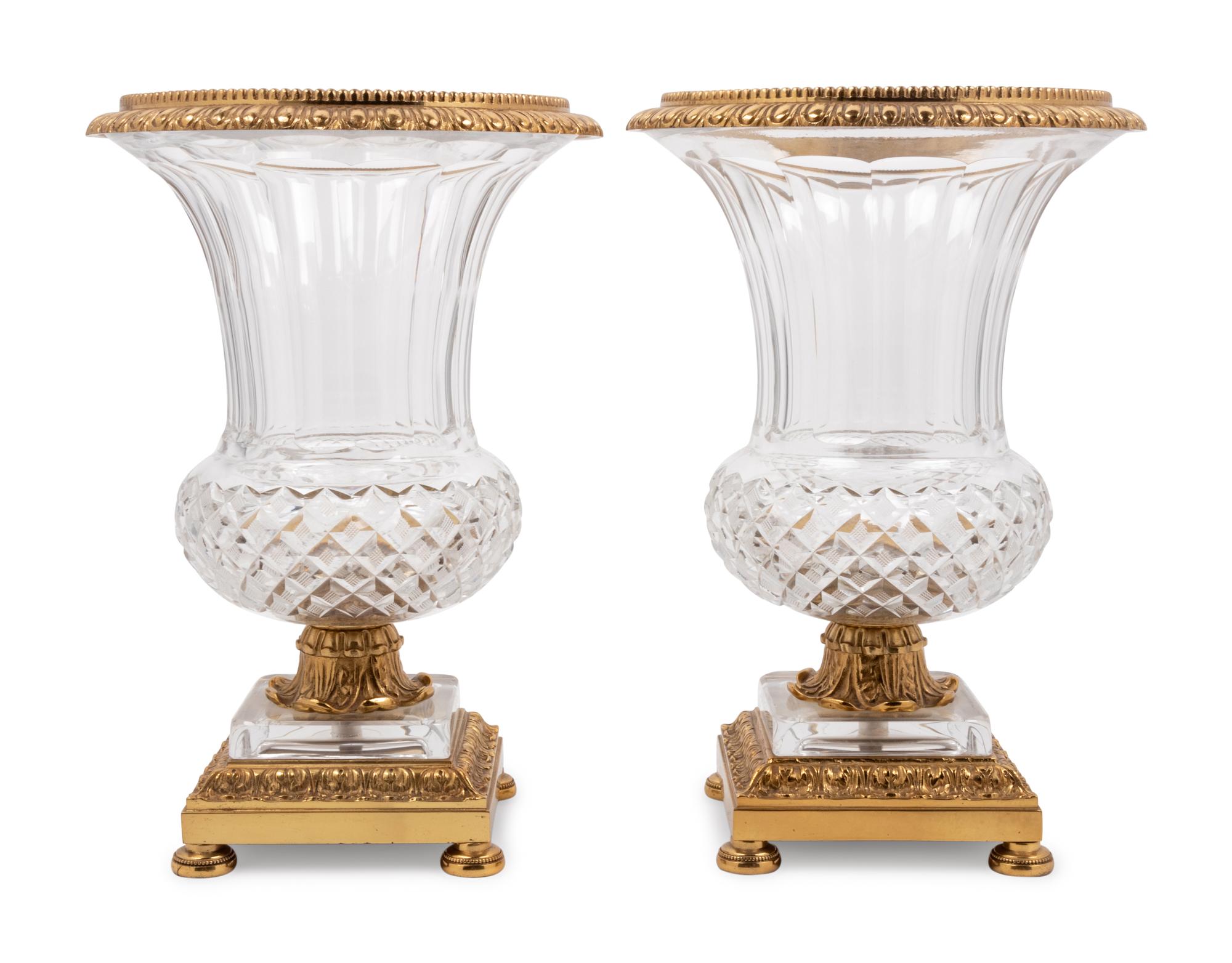 A Pair of Continental Gilt Bronze Mounted Cut Glass Vases