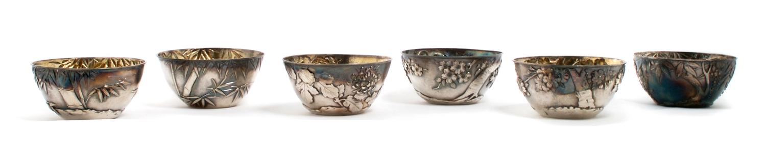 A Group of Six Japanese Silver Rice Bowls, Diameter 5 inches.