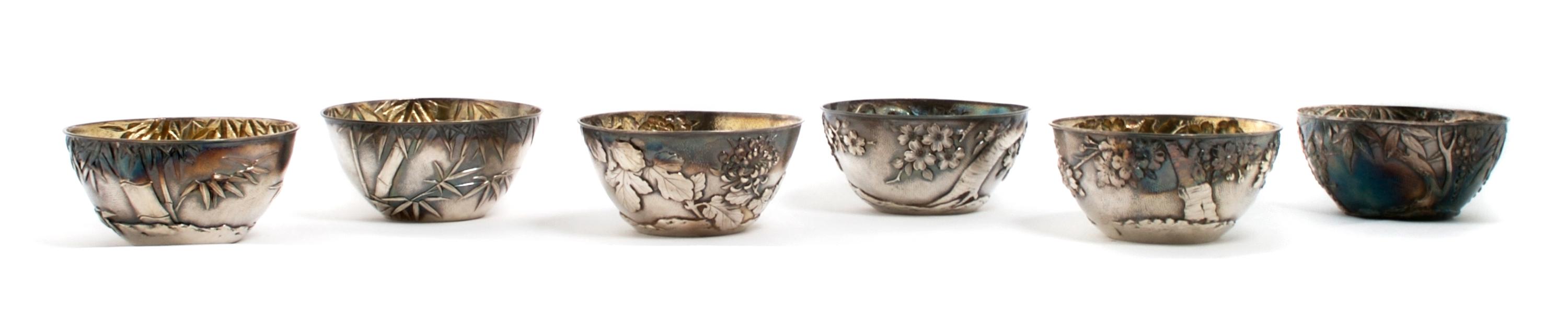 A Group of Six Japanese Silver Rice Bowls, Diameter 5 inches.