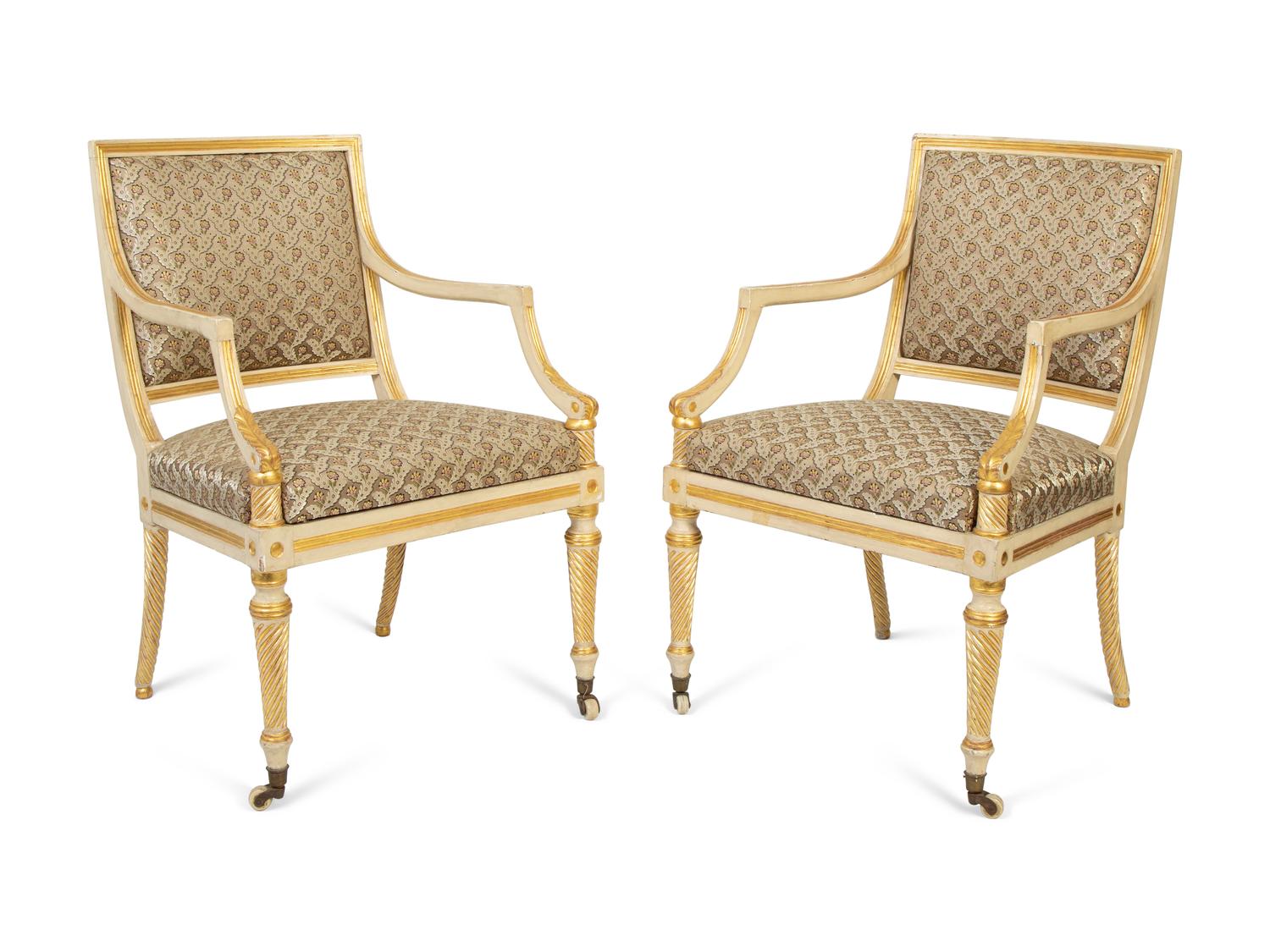 A Pair of Regency Painted and Parcel Gilt Open Armchairs — 19TH CENTURY