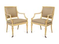 A Pair of Regency Painted and Parcel Gilt Open Armchairs — 19TH CENTURY