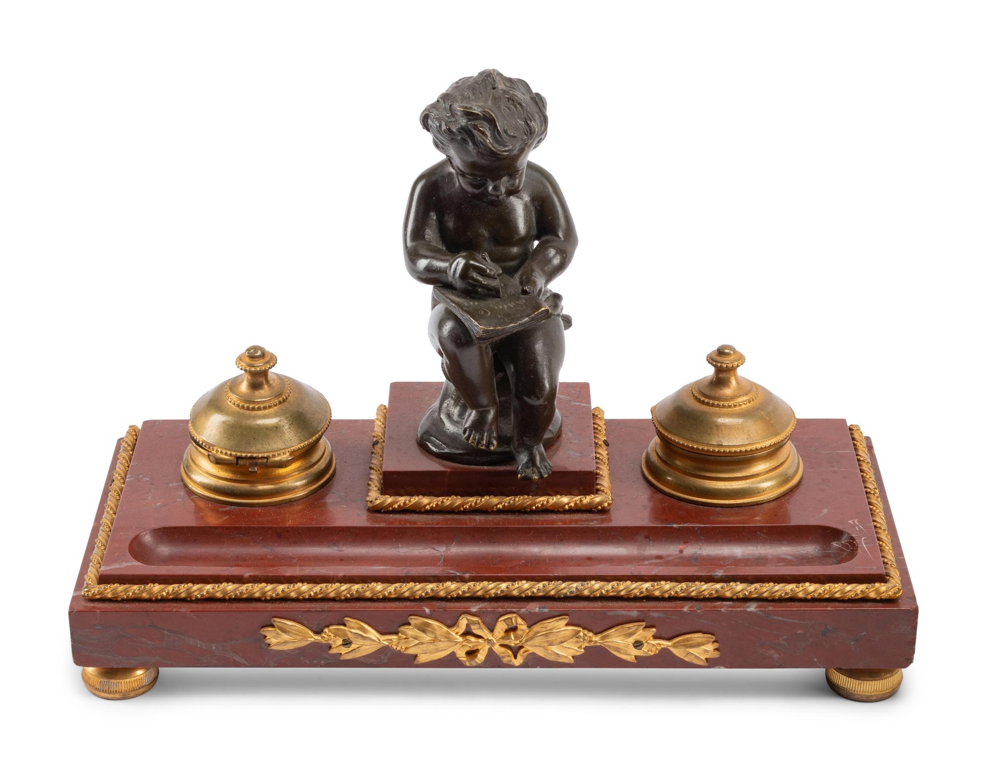 Two Marble and Bronze Inkwells