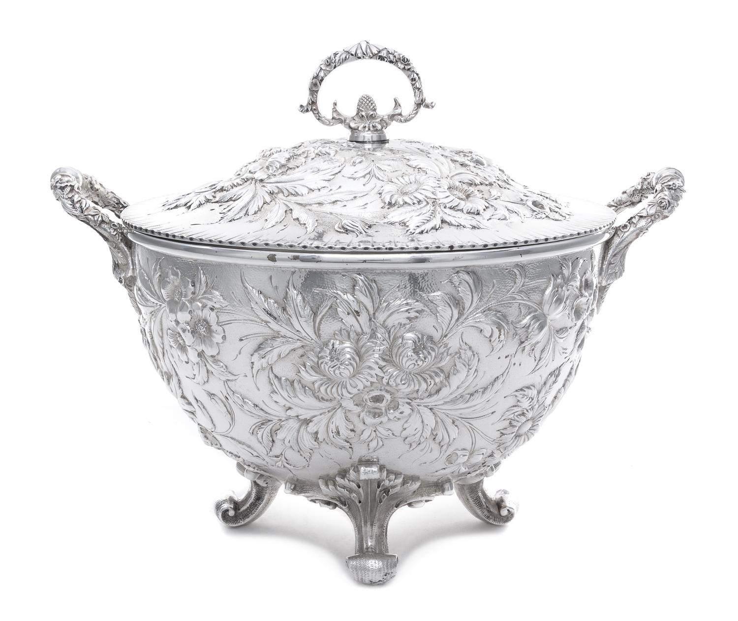 An American Silver Tureen, S. Kirk & Son Co., Baltimore, MD, Late 19th/Early 20th Century, having floral and foliate repousse decoratio