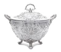 An American Silver Tureen, S. Kirk & Son Co., Baltimore, MD, Late 19th/Early 20th Century, having floral and foliate repousse decoratio