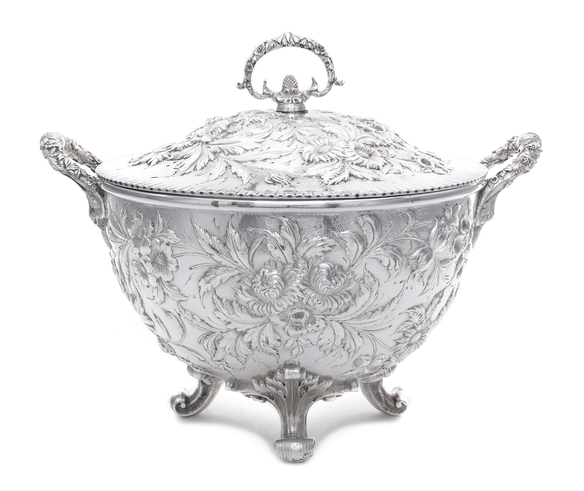 An American Silver Tureen, S. Kirk & Son Co., Baltimore, MD, Late 19th/Early 20th Century, having floral and foliate repousse decoratio