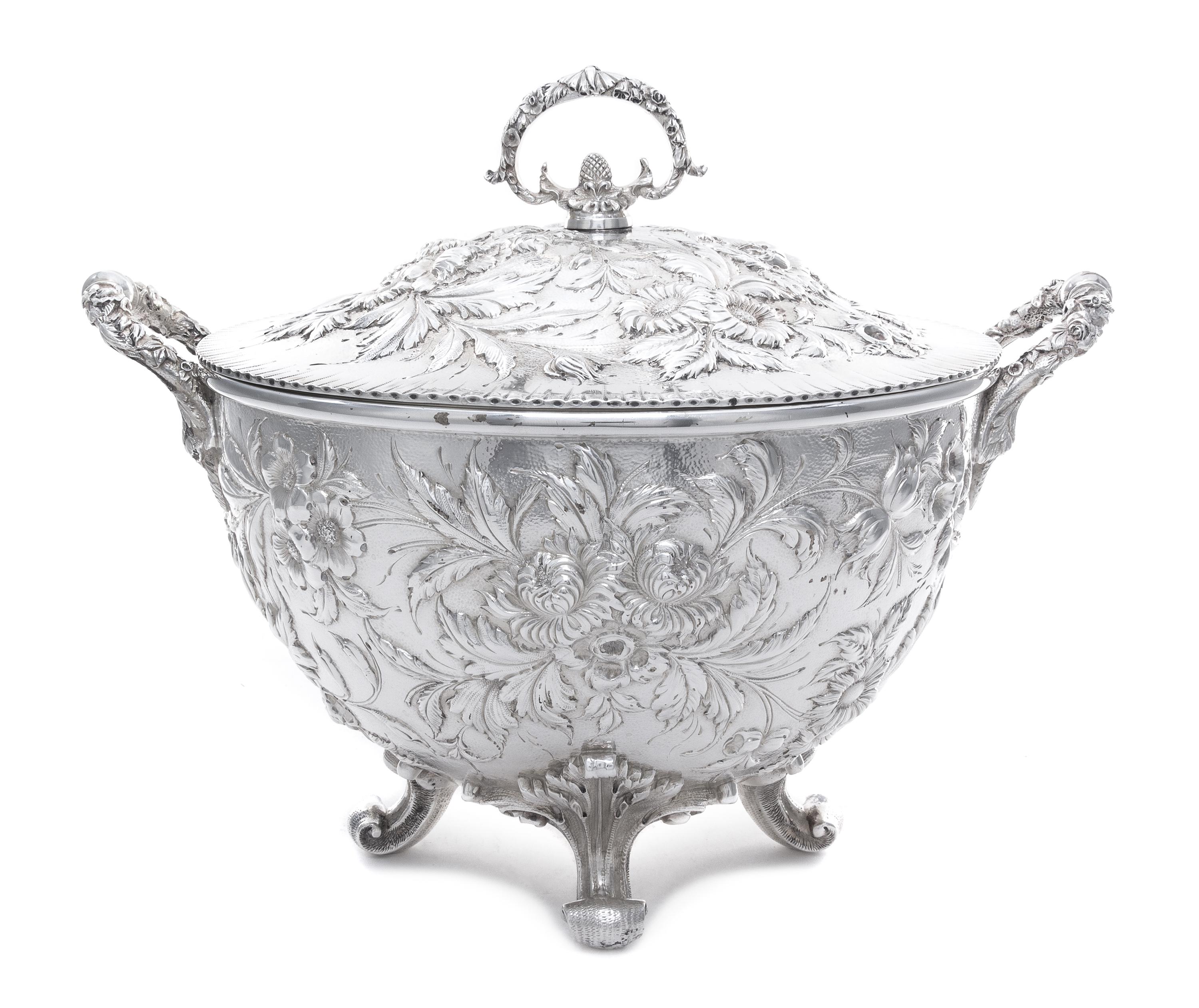An American Silver Tureen, S. Kirk & Son Co., Baltimore, MD, Late 19th/Early 20th Century, having floral and foliate repousse decoratio
