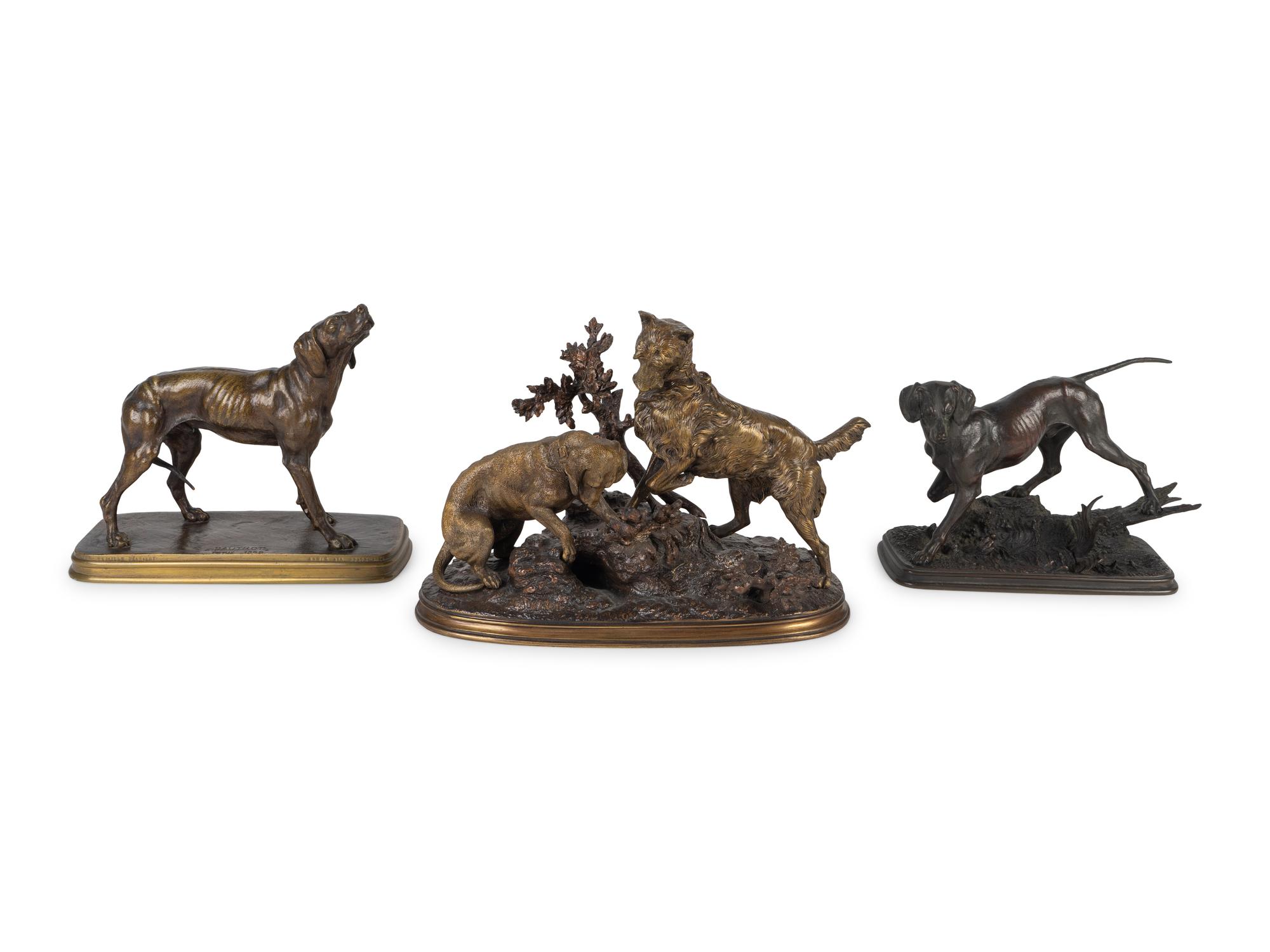 Pointer on Alert, Hound with Raised Head, and Two Dogs Inspecting an Animal's Den